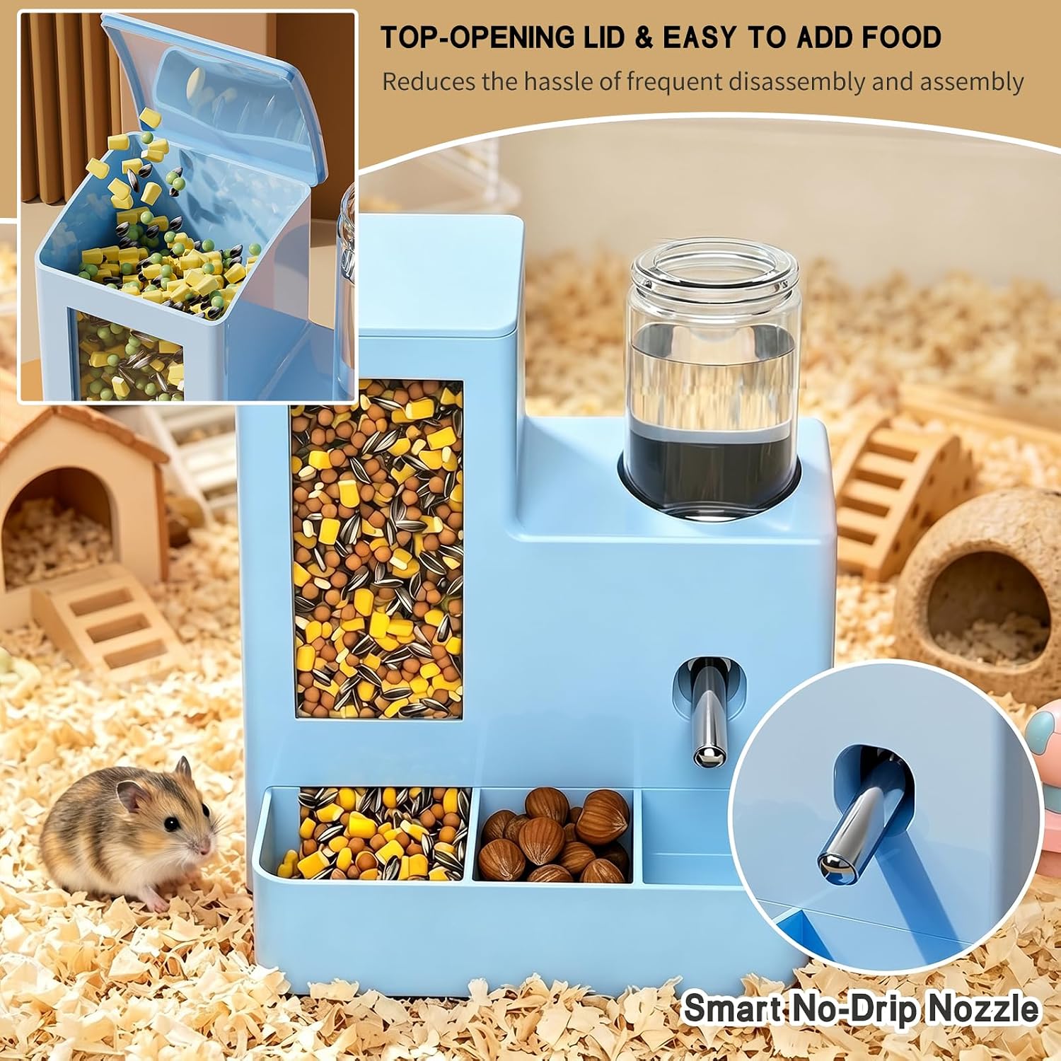Hamster Water Bottle, No Drip 2-in-1 Automatic Hamster Feeder | Convenient accessories for hamster with visible food storage and 2-in-1 automatic feeding and watering for home or cage use - Image 3