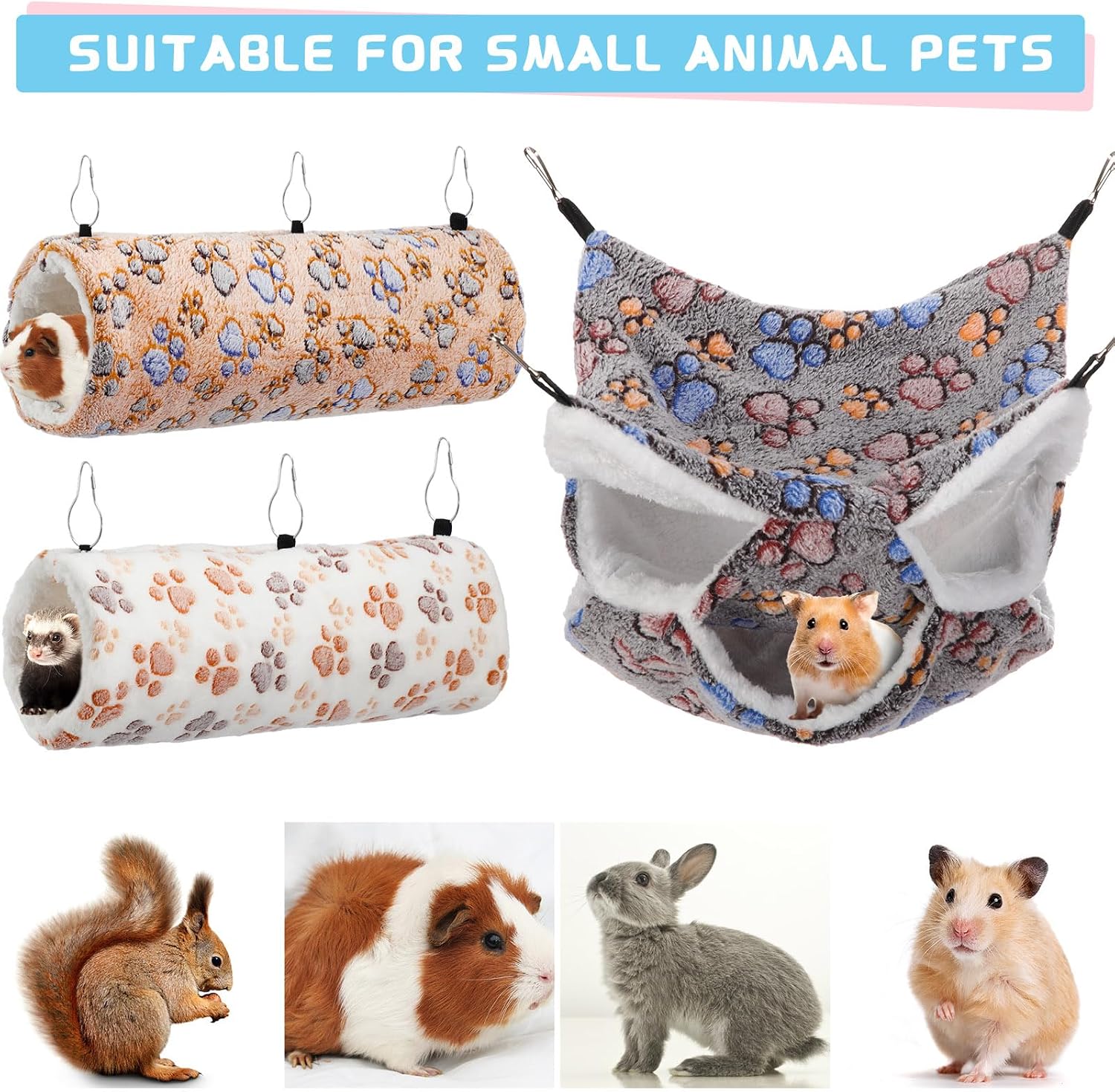 Abbylike 9 Pieces Rat Hammock 3 Tier Guinea Pig Ferret Hammocks Small Pet Hanging Tunnel Glider Toy Guinea Pig Ferret Hideout Bed Cage Accessories for Hamster(Light Brown, White, Black,Paw) - Image 6