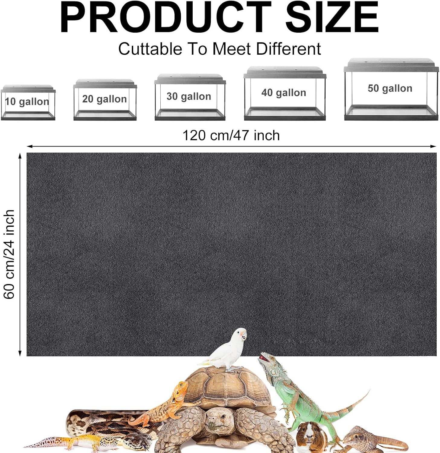 Haull 4 Pcs Reptile Carpet Pet Terrarium Floor Liners Bedding Substrate Liner Supplies Reptile Cage Mat Tank Accessories for Lizard Bearded Dragon Tortoise Snake Leopard (Black,47 x 24 Inch) - Image 2
