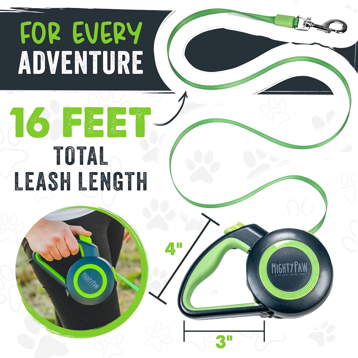 Mighty Paw Retractable Dog Leash 2.0 | 16' Heavy Duty Reflective Nylon Tape Lead for Pets up to 0-50 lbs. Tangle Free Design W/One Touch Quick-Lock Braking System & Anti-Slip Handle (Green/Lite) - Image 4