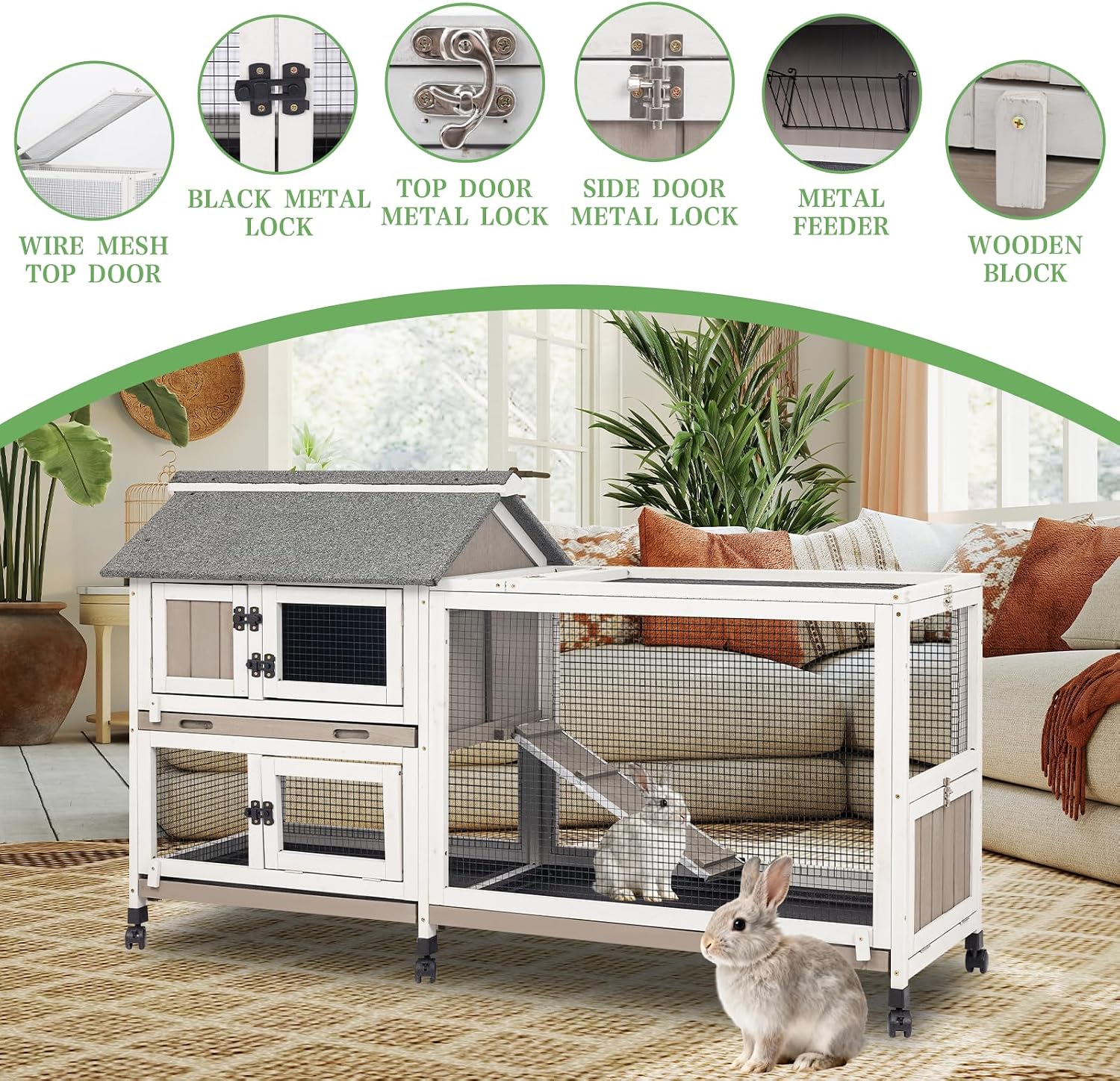 2-Story Rabbit Hutch Indoor & Outdoor, Large Bunny Hutch with 3 Pull-Out Trays, 6 Lockable Wheels, Wooden Rabbit Cage with Asphalt Roof & 6 Accesses for 2-4 Rabbits, Backyard, Home, Patio - Image 8