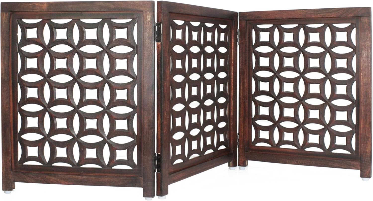 Croft&Cane Wooden Foldable Pet Dog Safety Gate – 3 Panel Freestanding Indoor Pet Fence (20 inches W x 24 inches H) – Hand-Carved Solid Wood & MDF – Fully Assembled 60x24 - Antique Brown