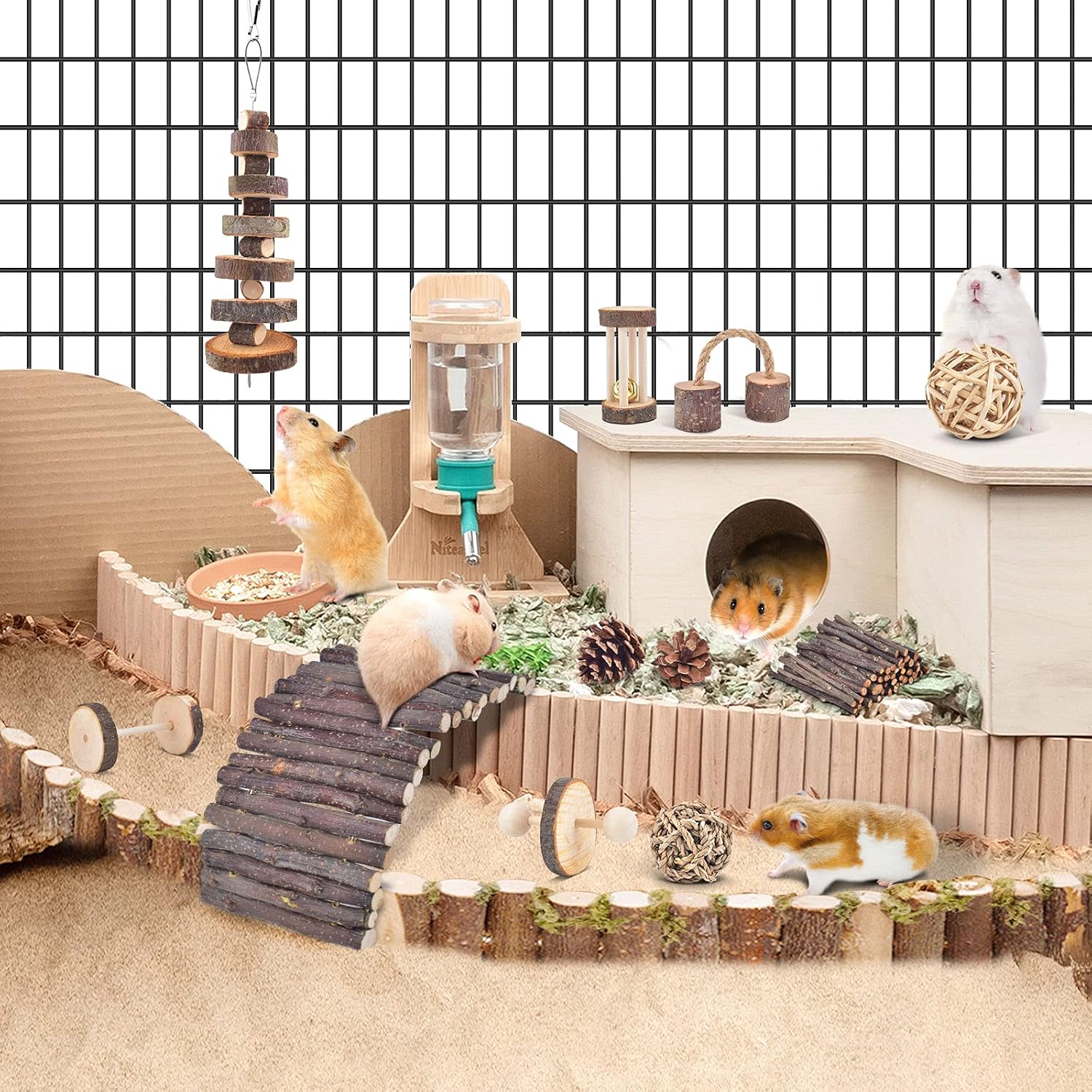 ERKOON 11 Pack Chinchillas Chew Toys, Toys Accessories for Teeth Care, Natural Apple Wood Ladder Bell Roller for Russian Hamster Gerbils Rats Guinea Pigs (11PCS) - Image 7