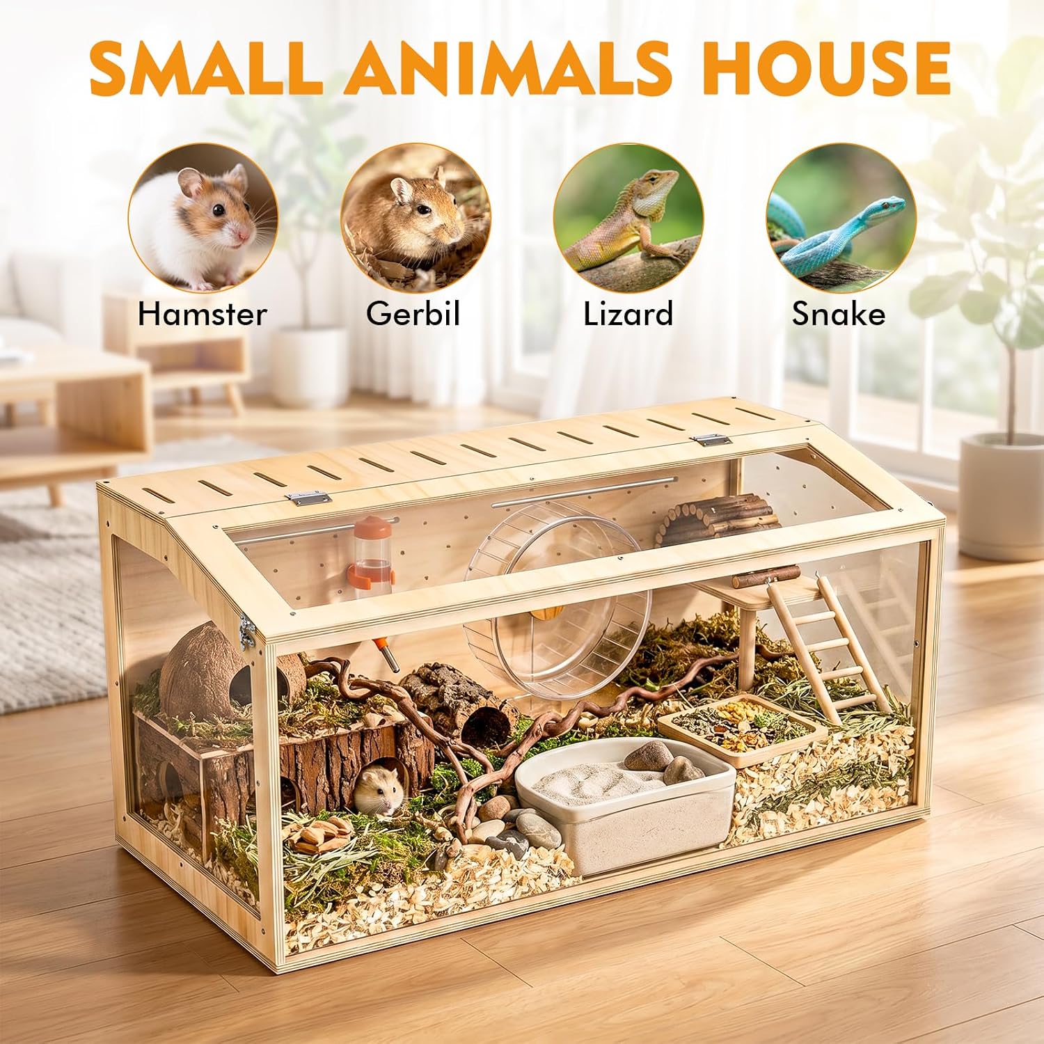 XiaZ Large Hamster Cage,40Inch Hamster Cage with Panoramic View and Ventilated Top, Spacious Acrylic Glass Habitat for Syrian Dwarf Hamsters and Degus, Natural Wood Frame Enclosure - Image 8