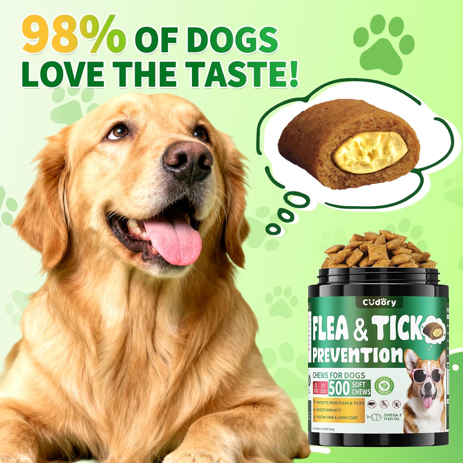 Flea and Tick Prevention for Dogs Chews- 500 Crunchy & Creamy Chews, Dogs Flea Chewables with Skin & Coat Support - Oral Supplement for All Breeds & Ages - Chicken & Cheese Flavor - Image 2