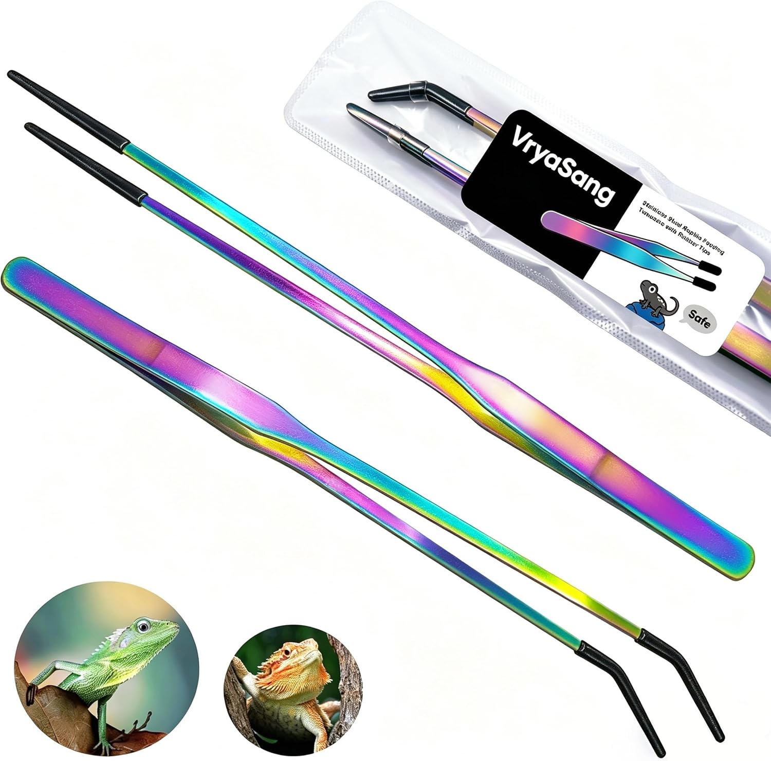 2 PCS Long 10.6" Stainless Steel Reptile Feeding Tongs with Rubber Tip, Straight & Curved Tweezers for Aquariums & Crafts, Feeder Tools for Bearded Dragon, Lizards Snake, Terrarium Supplies (Colorful)