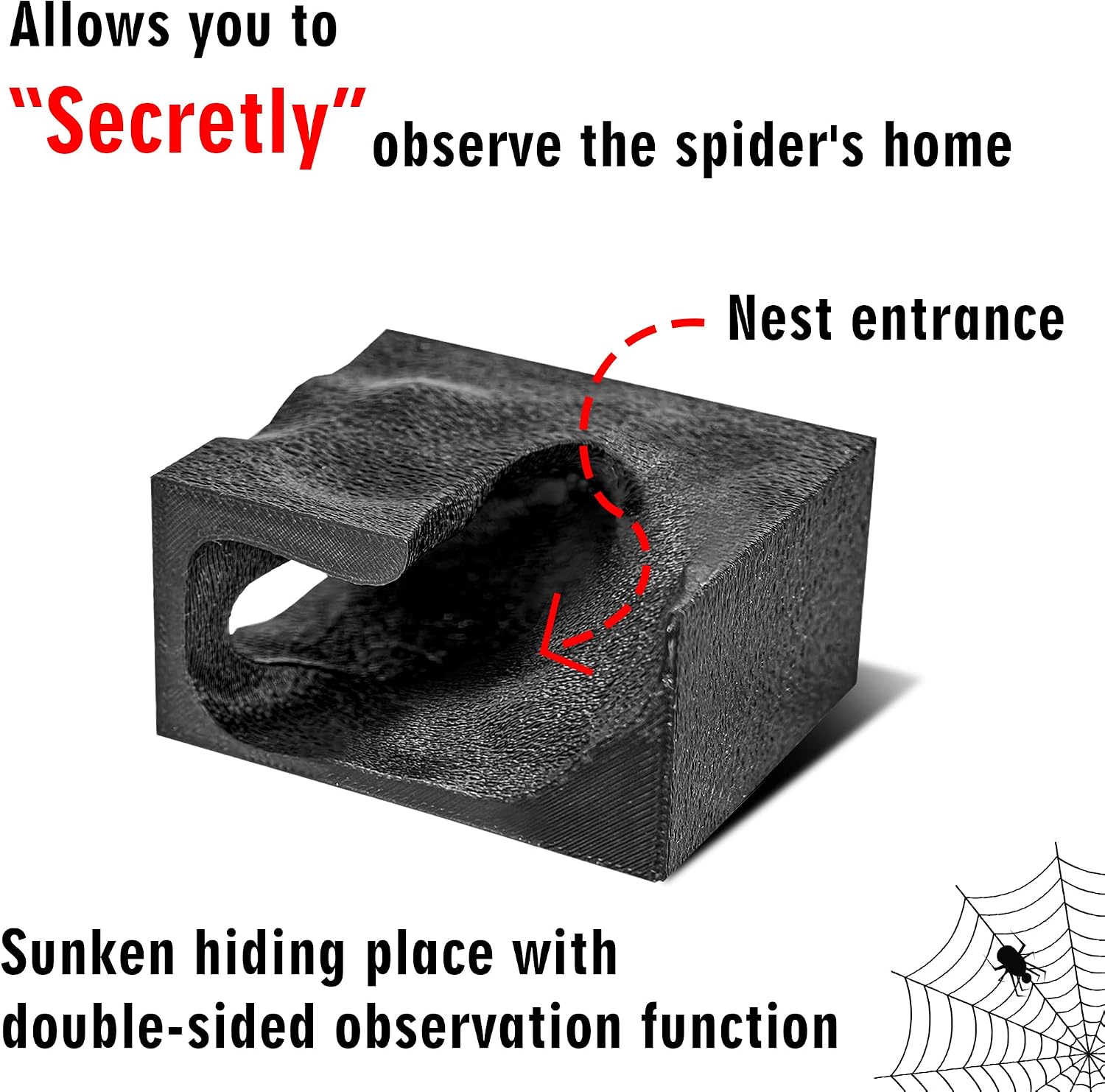 Jumping Spider & Tarantula Sling Hideout Corner Cave, Small Size 2.6" x 2.1" x 1.3", 3D Printed Textured Climbing Habitat with Viewing Window, Small Spider Terrarium Decor - Image 3