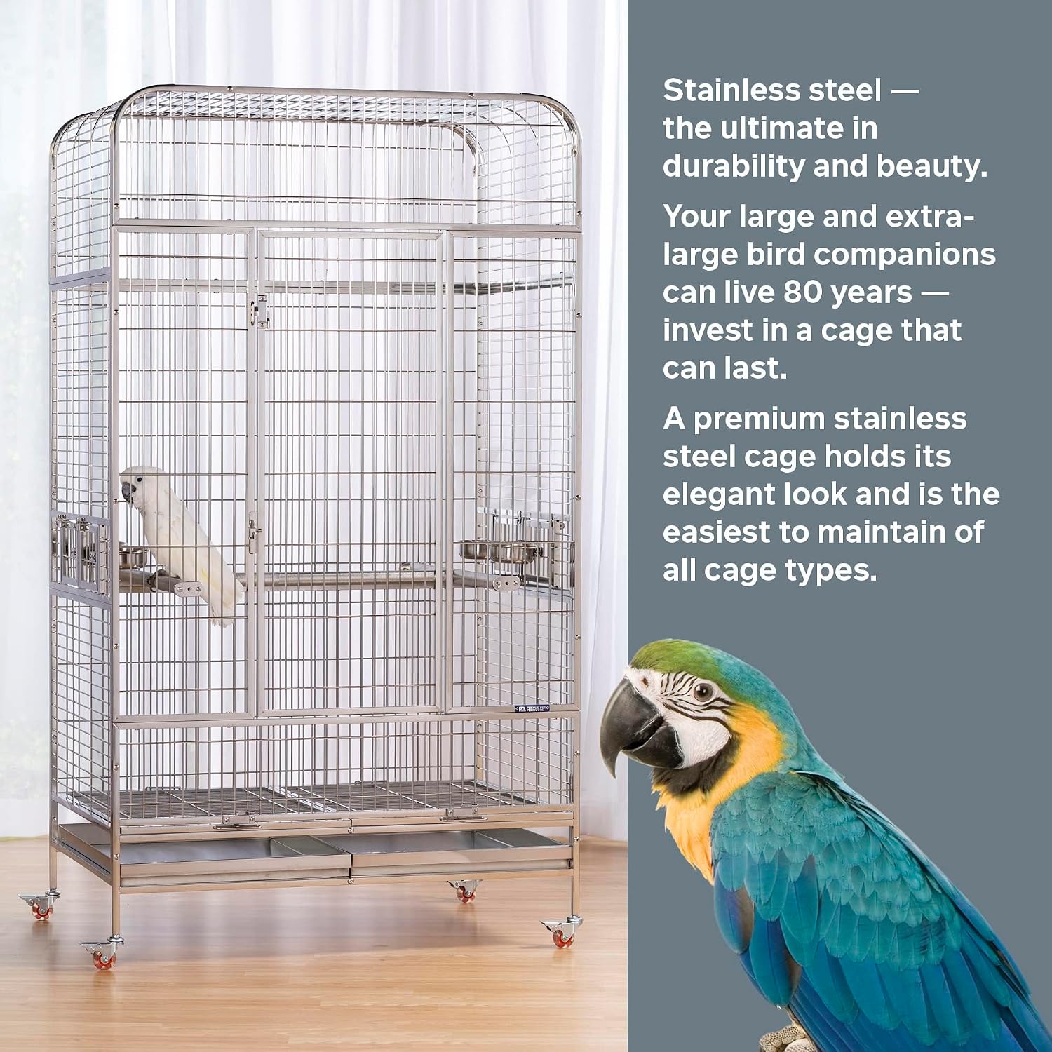 Prevue Pet Products Imperial Extra Large Stainless Bird Cage - Big Birdcage Ideal for Parrots, Cockatoos, Macaws, Included Perch and Cups, Durable Cage with Wheels - Gray, Extra Large - Image 8