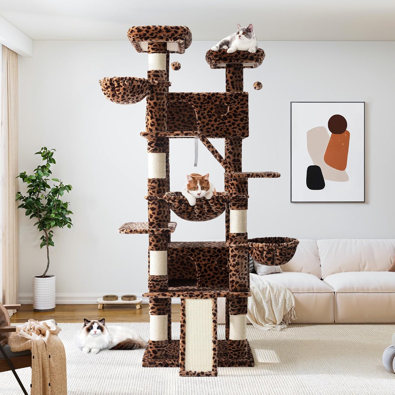 Allewie 81 Inches Tall Cat Tree/Multi-Level Large Climbing Tree House and Towers for Big Feline/Condo and Hammock/Scratching Post/Wide Base/Leopard Print - Image 2