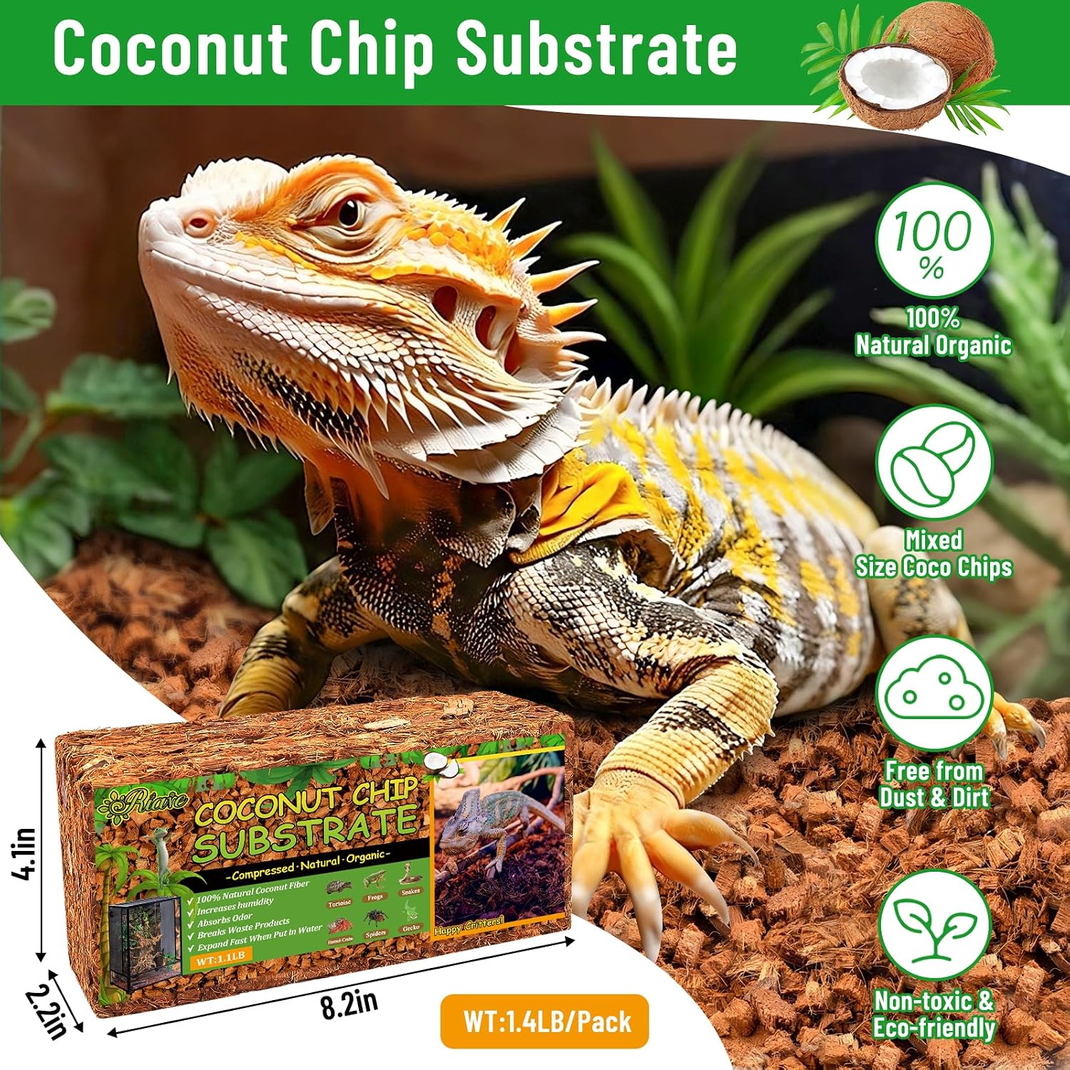Riare 4 Pack Natural Coconut Chip Substrate for Reptiles- Compressed Coconut Husk Reptiles Bedding, Coco Husk Chip Terrarium Substrate for Snakes, Tortoises, Ball Python, Frogs, Bearded Dragon, Lizard - Image 2