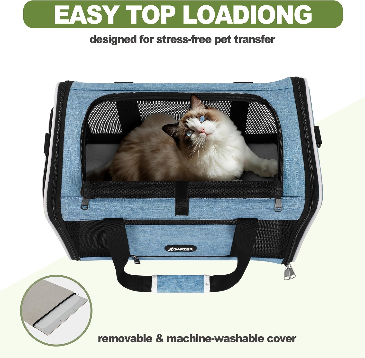 GAPZER Cat Carrier 18 x 11 x 11 Top Loading Soft-Sided Pet Travel Bag Over 15lbs, Portable Small Dog Puppy Car Crate 10 lbs, Chihuahua Kennel Carry Case, Kitty Cloth Cage Medium Cat Under 25 Blue - Image 6