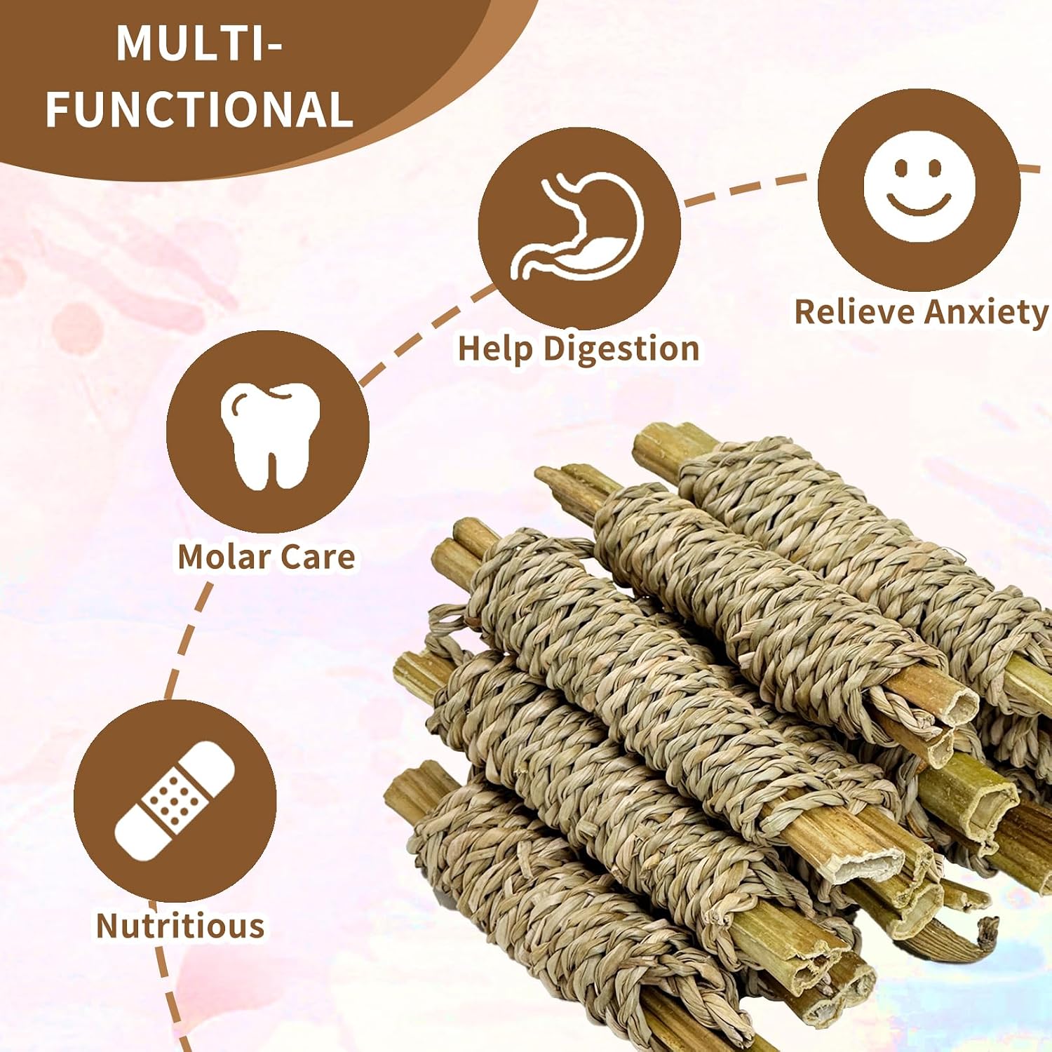 Fhiny 12 PCS Rabbit Chew Sticks, Natural Papaya Wood Seagrass Guinea Pig Chew Toys for Teeth Small Animal Molar Sticks Snacks for Bunny Guinea Pig Chinchilla Ferret Hamster Gerbil Dental Care - Image 6