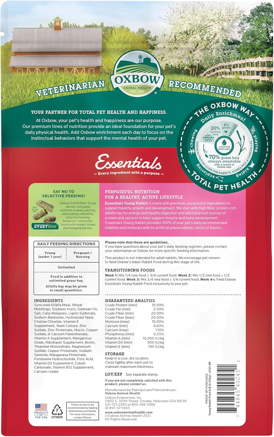 Oxbow Essentials Rabbit Food, Young Rabbit, Made with Oxbow Alfalfa Hay, Pet Food Pellets with Vitamins & Minerals, Small Animal Pet Products, Bunny Supplies, Made in USA, High Fiber, 5 lb. bag - Image 2
