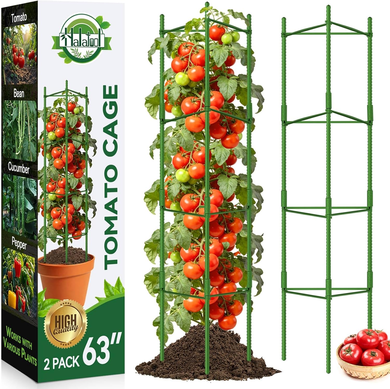 Halatool 2 Pack Tomato Cages for Garden, Up to 63 inch(5.2FT) Adjustable Tall Tomato Cage,Garden Stakes Tomato Trellis for Pots,Tomato Plant Support for Raised Garden Bed &Vegetables Flowers(Green)