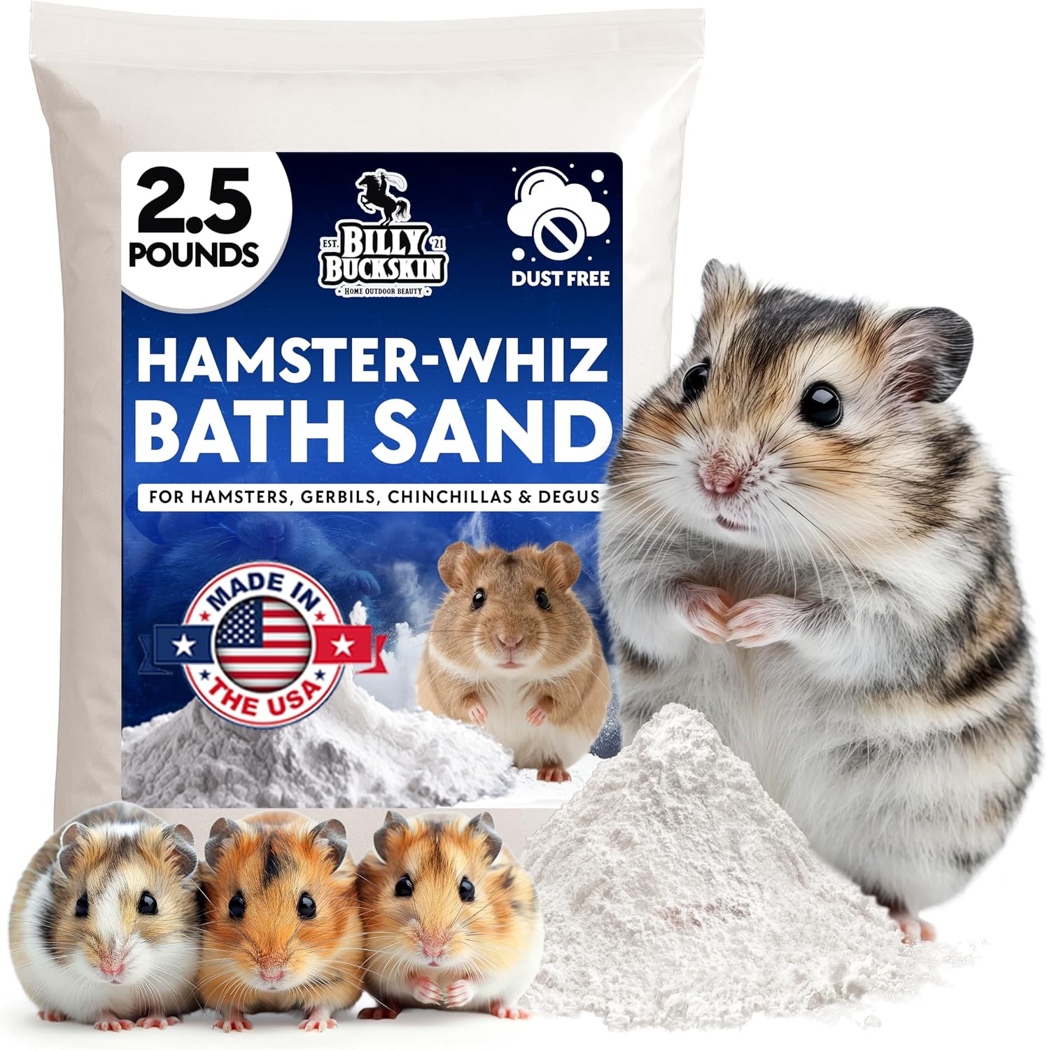 2.5 LB. Hamster Sand Bath - Dust Free, All Natural Volcanic Ash for Fur Health - Sand Bath for Chinchillas, Gerbils, Mice, Degus & All Small Pets - Made in USA - Hamster Accessories by Billy Buckskin