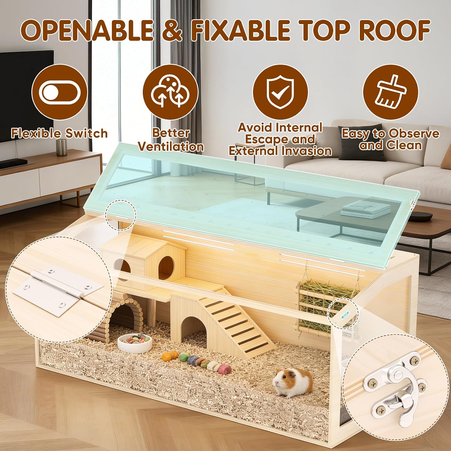 Wooden Hamster Cage, 48inch Large Hamster Enclosure with Openable Top & Stabilized Acrylic for Small Animals, Guinea Pig, Rabbit, Rat, 48" L x 20''W x 20''H Hamster Habitat with Multi-Vent - Image 6