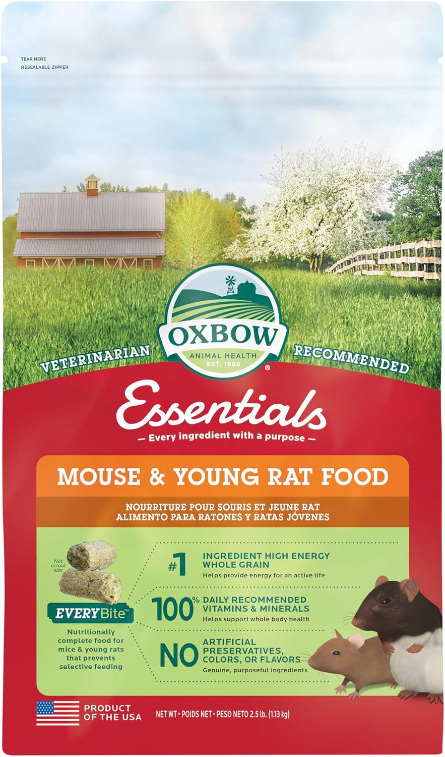 Oxbow Essentials Mouse & Young Rat Food, Pet Food for Rats & Mice, All-Natural Vitamin & Mineral Rich Formula, Veterinarian Recommended, Oxbow, Rodent Pellets, Made in USA, 2.5 lb Bag