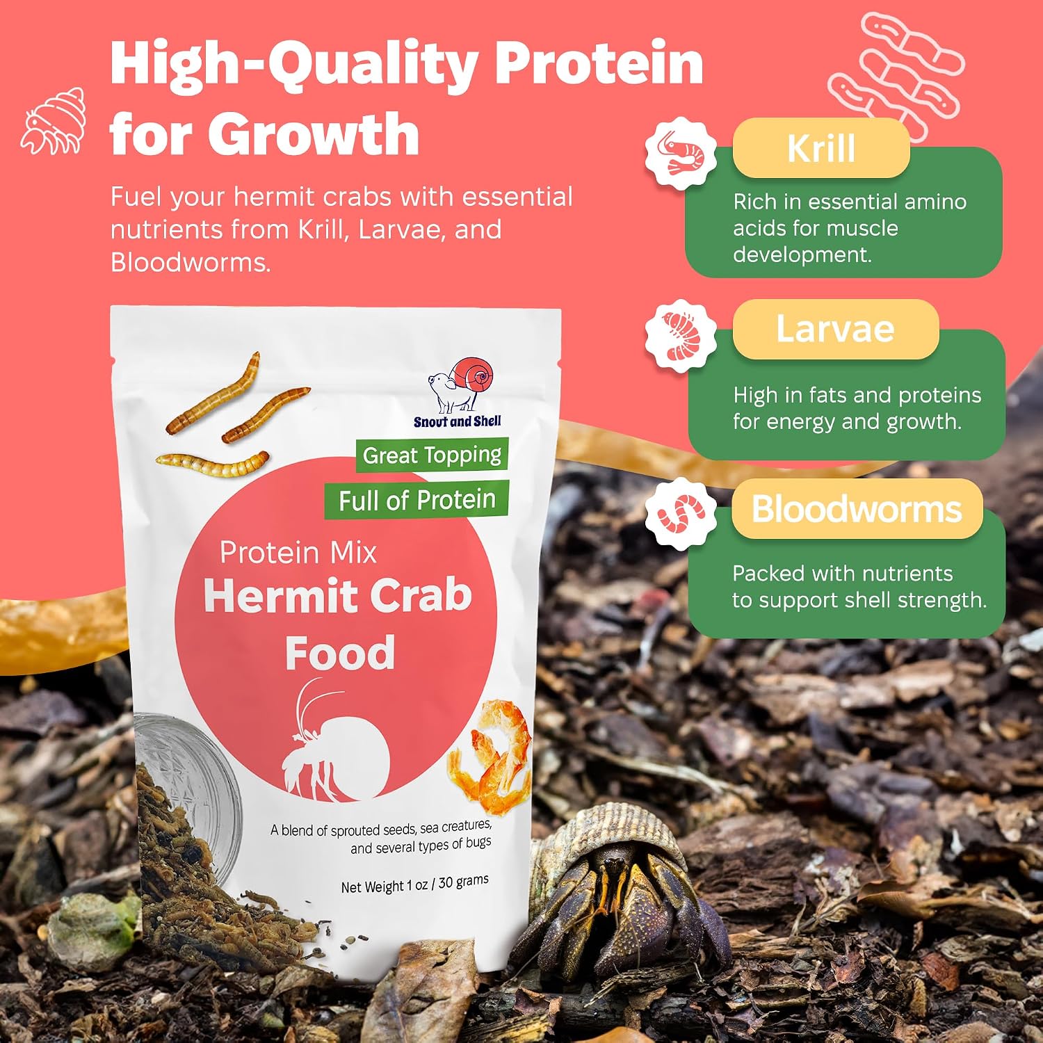 Protein Mix Hermit Crab Food – Insects, Krill & Sprouted Grains – Great as Topper – 56g – Snout and Shell - Image 2