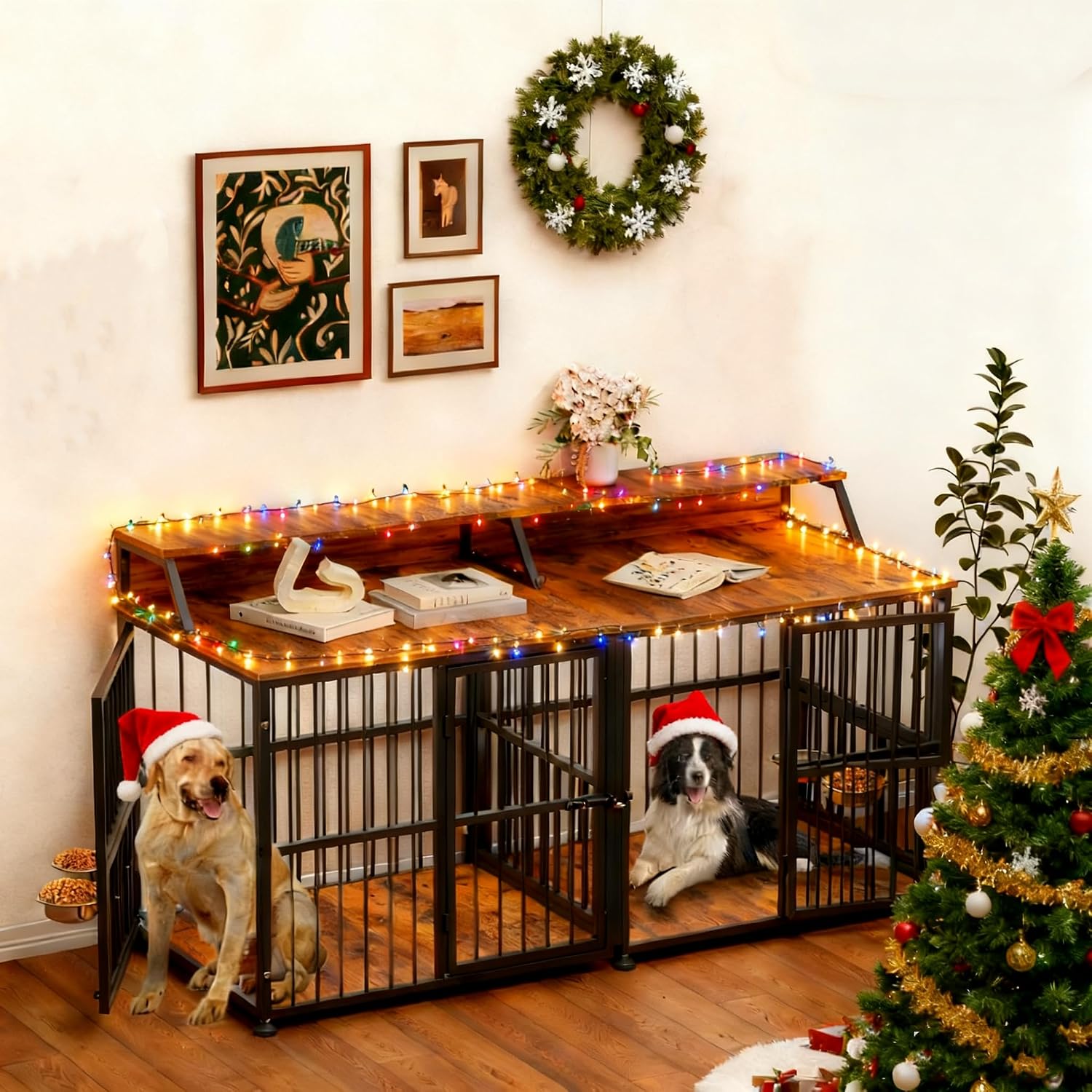 XXL Dog Crate Furniture for 2 Dogs, Extra Large Double Dog Cage Large Breed, Thick Wooden Dog Crate with Storage Rack, 72 Inch Double Dogs House Sturdy Dog Kennel with Removable Divider - Image 7