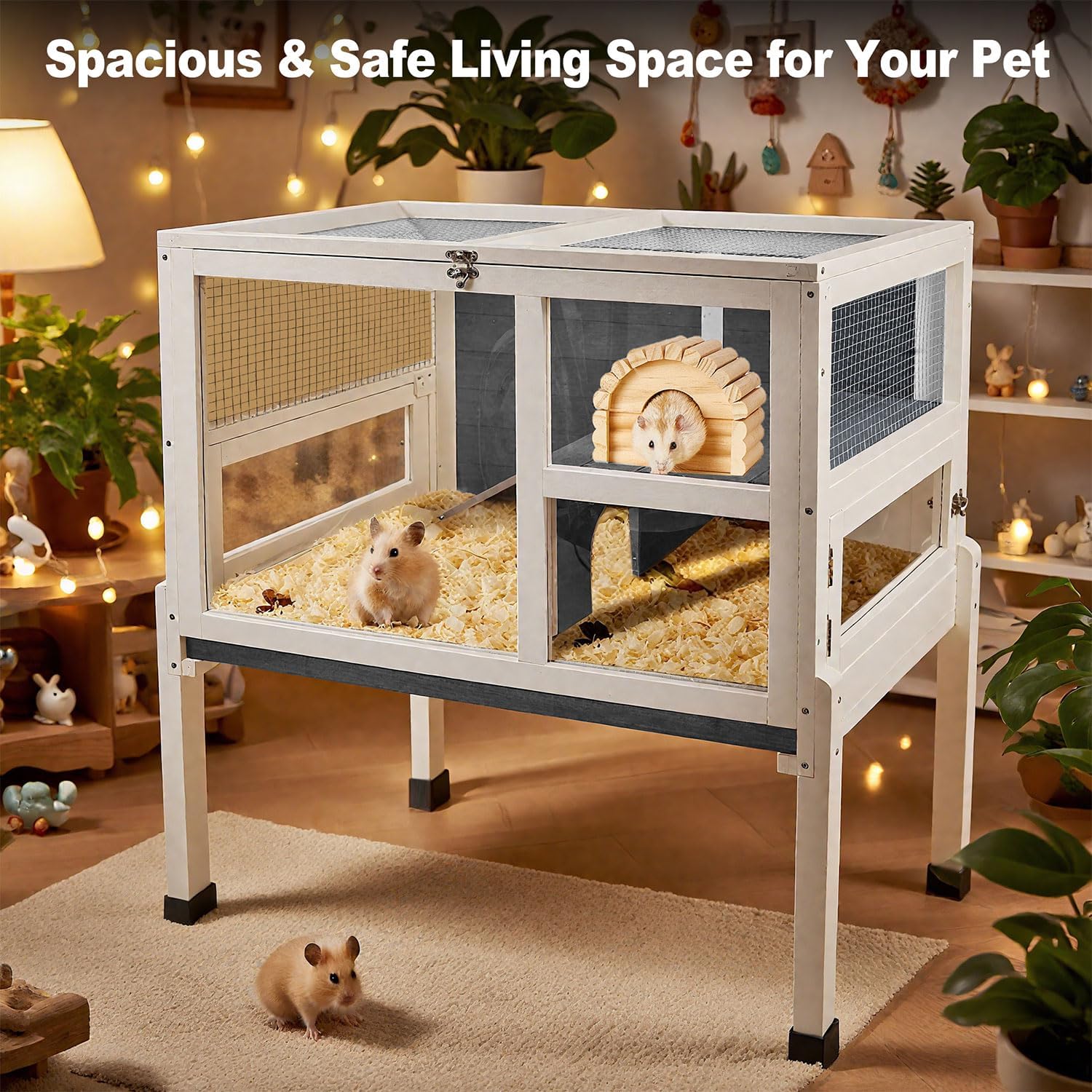 2-Story Guinea Pig Cage with Stand, Indoor Wooden Hamster Cage with Ramp, Pull-Out Tray, Hideout & Platform, Acrylic Transparent Small Animal Habitat for Chinchillas, Ferrets, Hedgehogs,Grey - Image 2