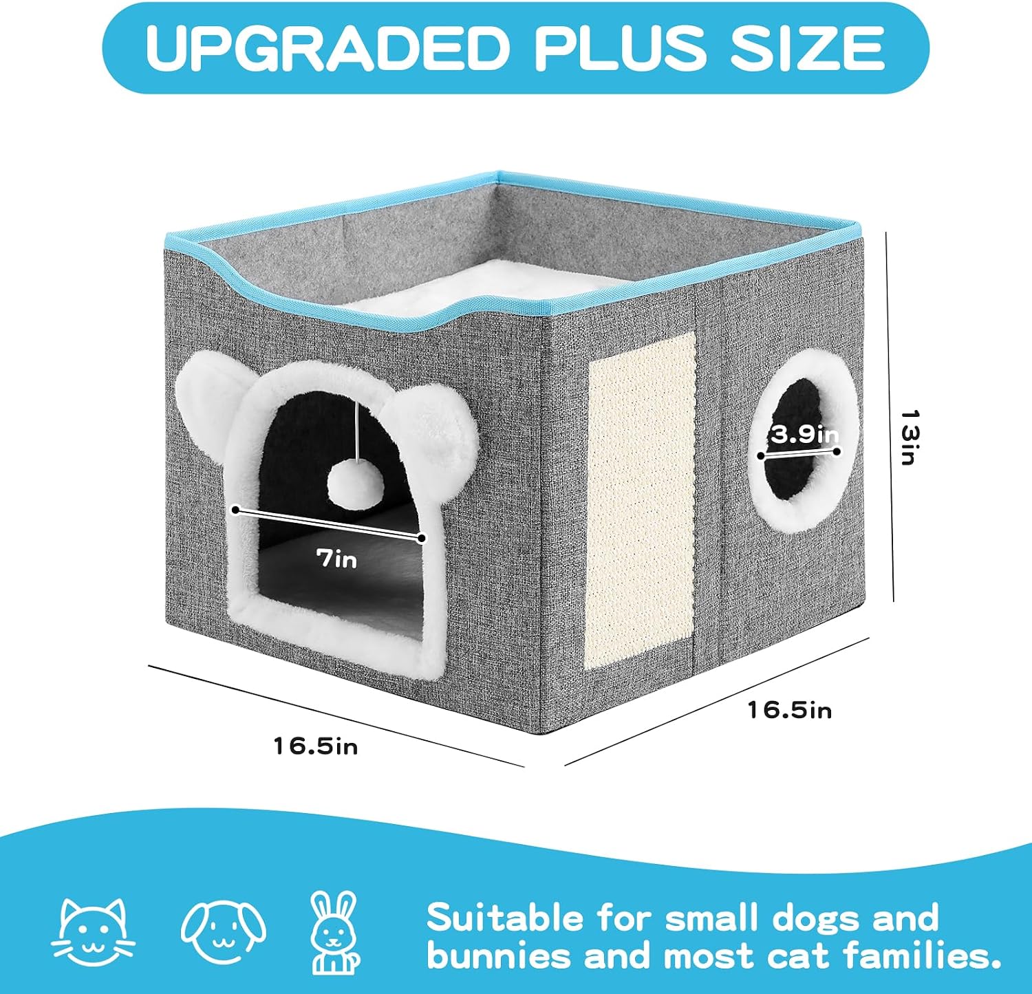 Cat House for Indoor Cats, Large Cat Bed Cave with Scratch Pad and Fluffy Ball, Foldable Cat Hideaway Condo, Kitten Bed, 16x16x13inch (Grey, Large) - Image 4