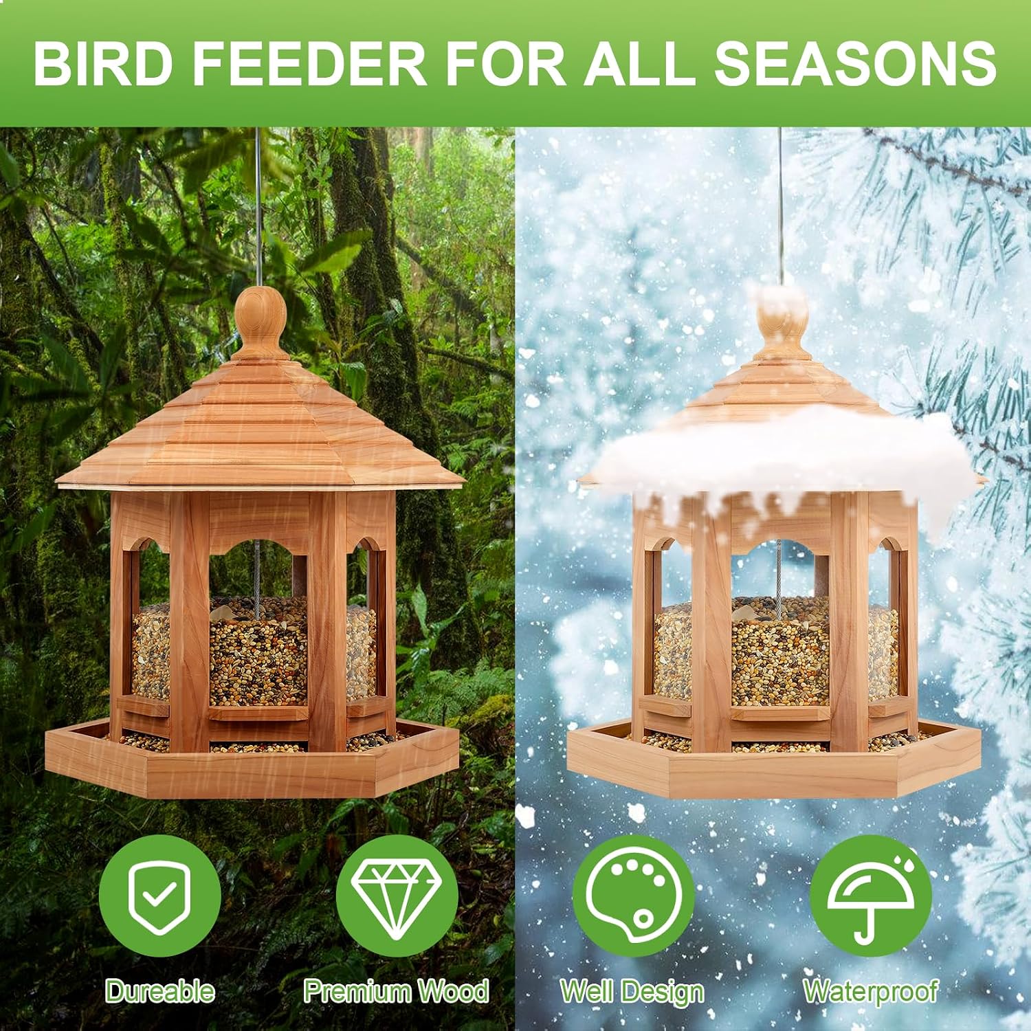 Wooden Bird Feeder for Outdoors Hanging, Red Cedar Hexagon Shaped Large Capacity, Cardinal Birdfeeder for Garden Decoration Yard, Weatherproof and Durable(Medium) - Image 5