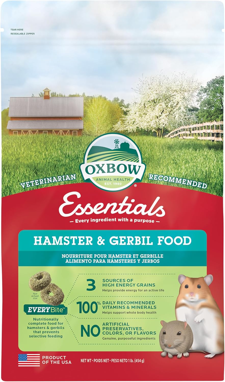 Oxbow Essentials Hamster Food and Gerbil Food, Vitamin & Mineral Rich Daily Diet for Hamsters & Gerbils, Veterinarian Formulated, Small Animal Pet Products, Made in USA, 1 lb Bag