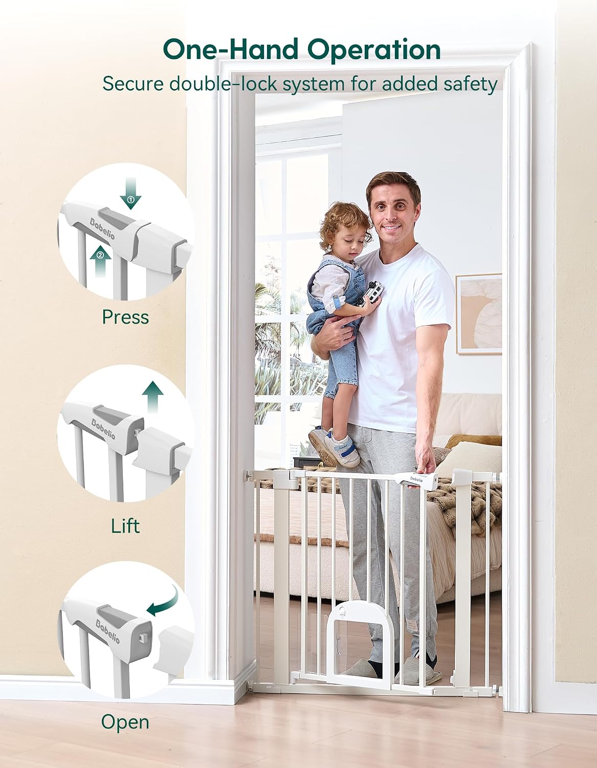 Babelio Upgraded Baby Gate with Adjustable Cat Door, CatPrivilege Ⅲ, 29-43" Auto Close Durable Dog Gate for Stairs, Doorways and House, Easy Walk Thru Safety Gate with Pet Door, White - Image 5