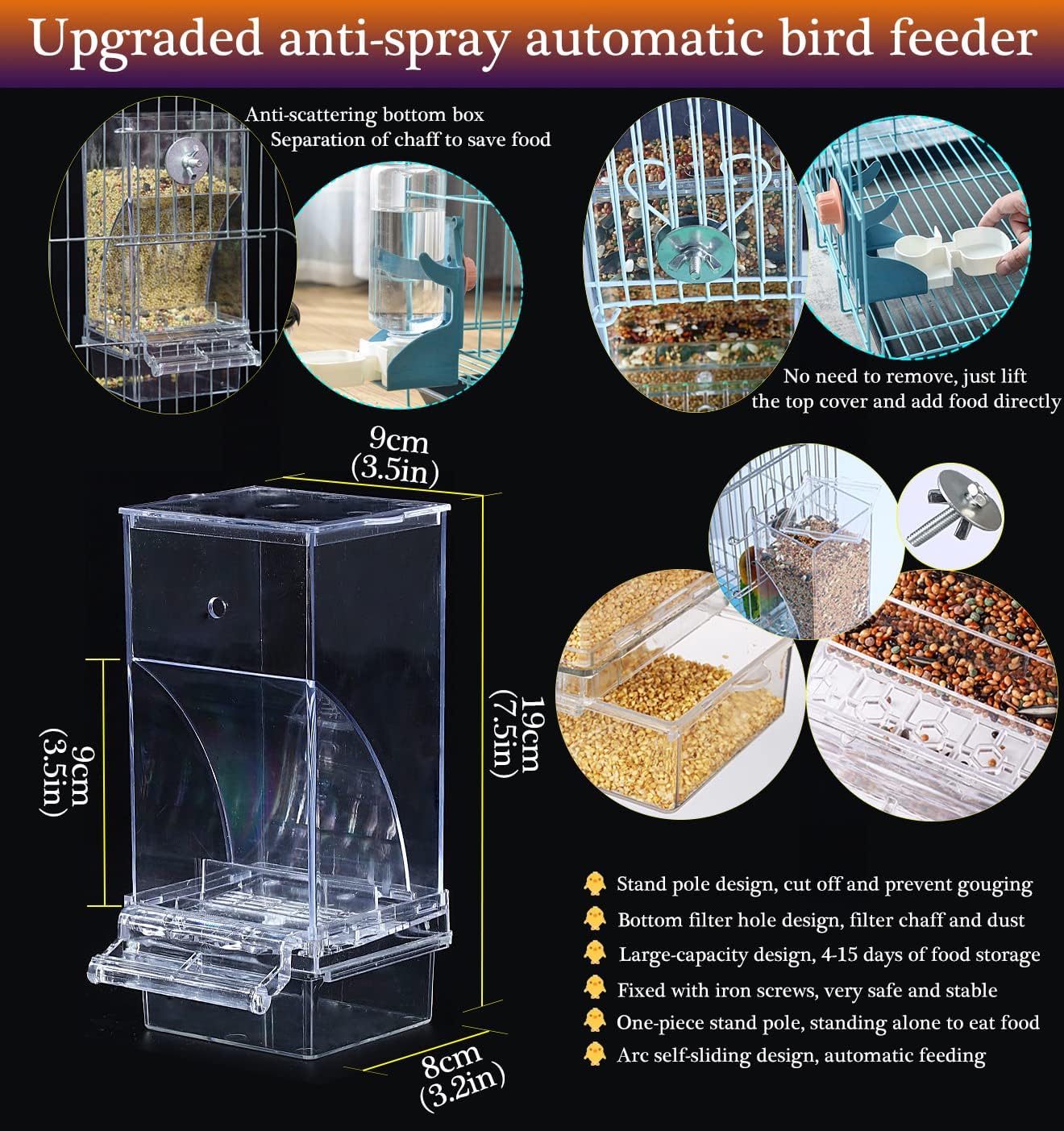 Kenond No Mess Bird Feeder Water Dispenser Set, Automatic Parrot Feeder Cage Accessories, Clear Parakeet Seed Container Food Drinker for Cage, Cockatiel Finch Lovebirds Budgies Canary (Blue) - Image 3