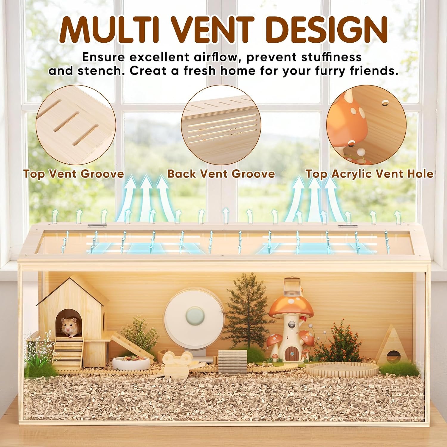 Wooden Hamster Cage, 40inch Large Hamster Enclosure with Openable Top & Stabilized Acrylic for Small Animals, Guinea Pig, Rabbit, Rat, 40" L x 20''W x 20''H Hamster Habitat with Multi-Vent - Image 5