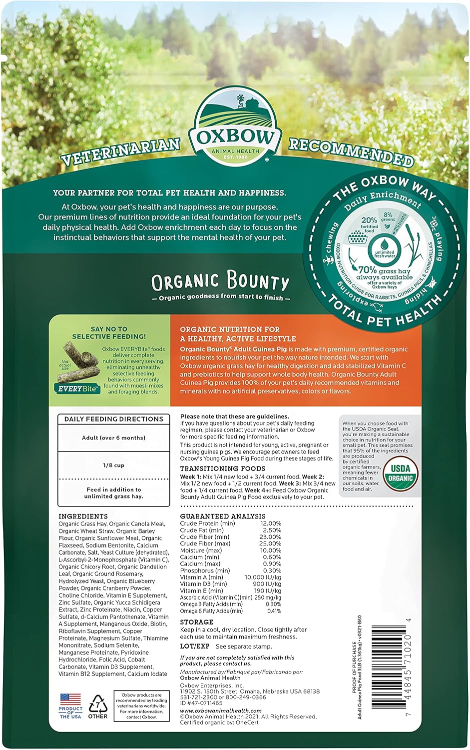 Oxbow Organic Bounty Adult Guinea Pig Food, Organic Guinea Pig Pellets Made with Timothy Hay, Stabilized Vitamin C, Small Animal Pet Products, Small Animal Food Made in USA, High Fiber, 3 lb. bag - Image 2