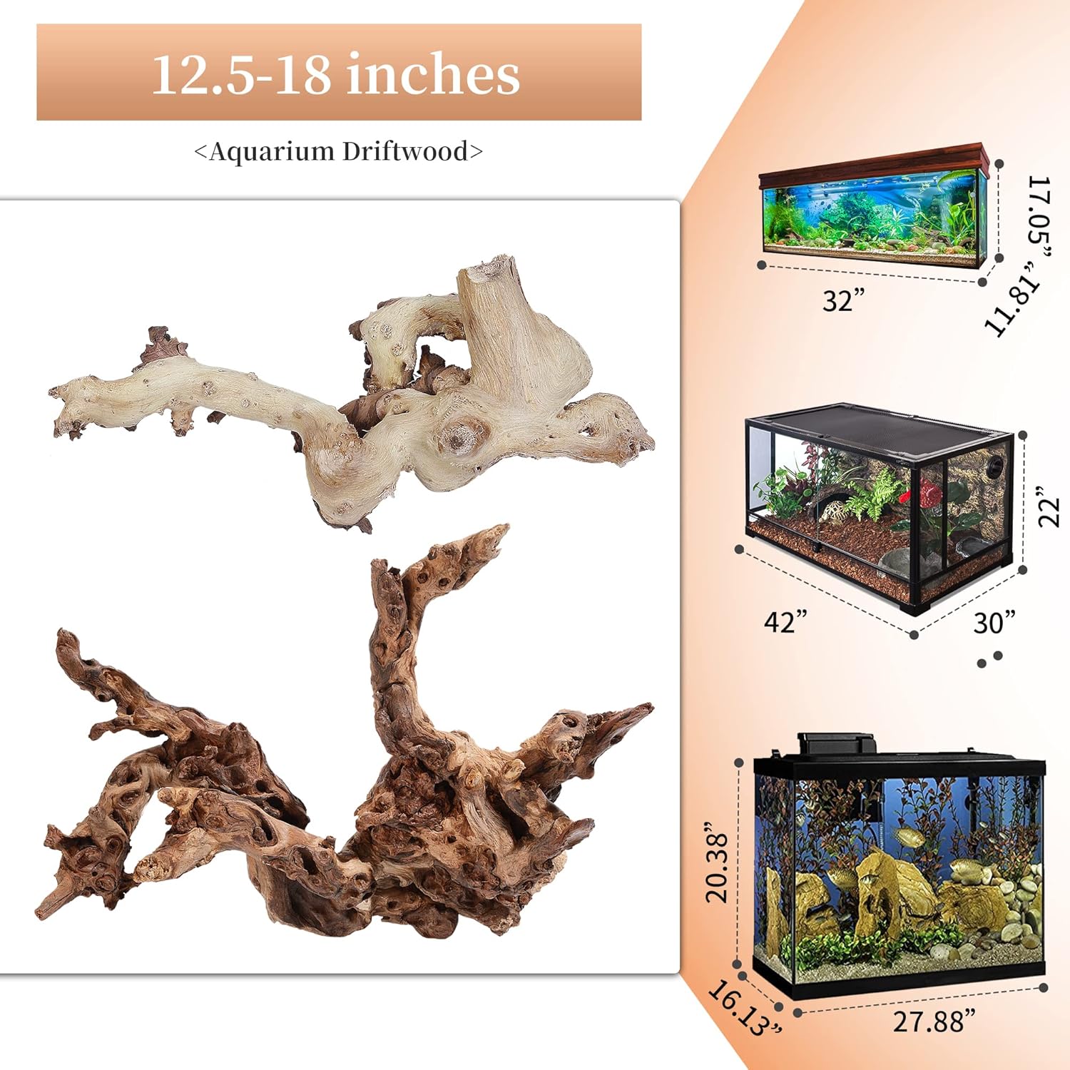 majoywoo Natural Large Driftwood for Aquarium Decor Reptile Decor, Fewer Branches 12.5-18" 2Pcs - Image 2