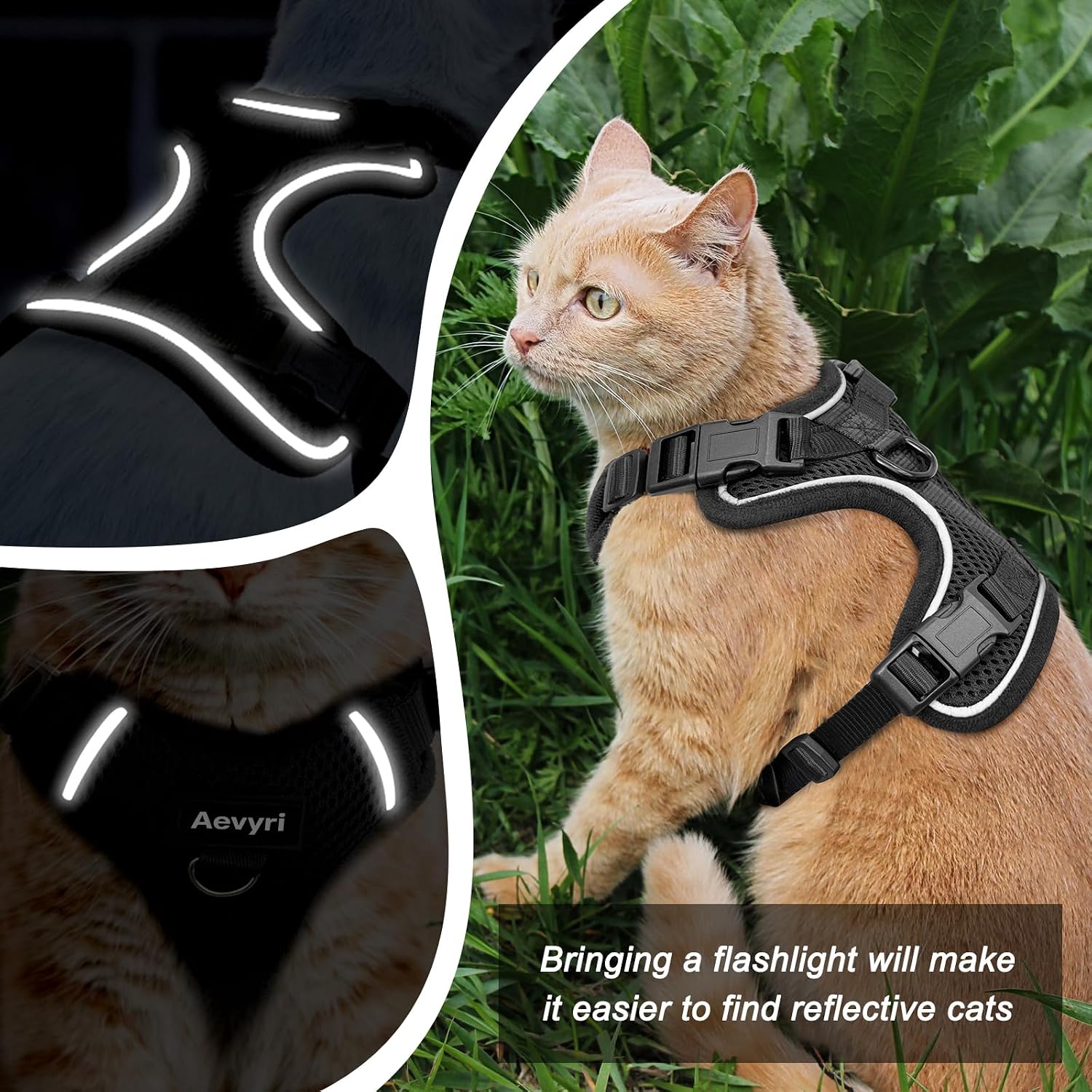 Cat Harness, Cat Harness and Leash for Walking, Adjusted in Four Directions and Breathable Cat Harness for Anti Escape that can be Fitted and Positioned, Reflective Strips Harness, Black, L - Image 3