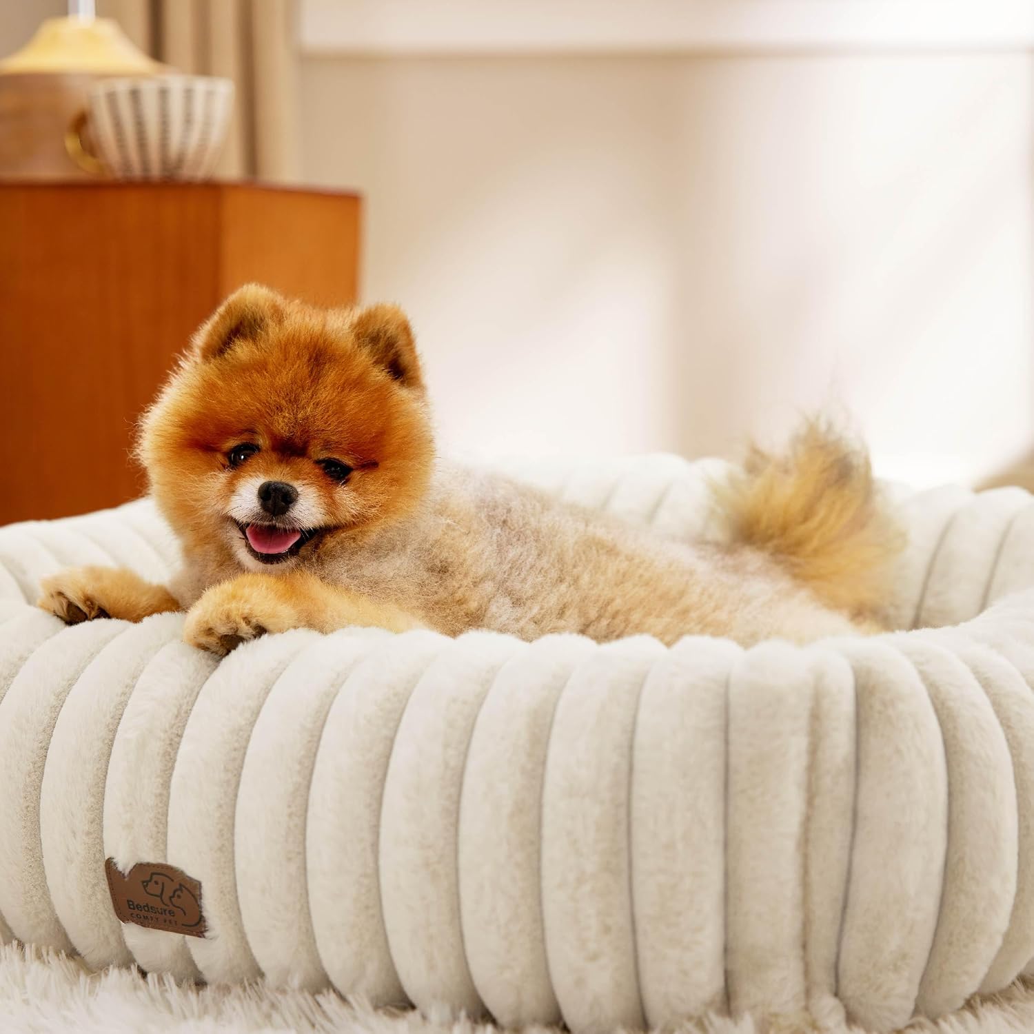 Bedsure ComfyFleece™ Cute Dog Bed for Small Medium Dogs Washable,25in Cream | Furry Puppy Beds,Square Rectangle Orthopedic Corduroy Aesthetic Pet Beds,Removable Zipper Cover,Non-Slip Bottom,Up to 15 Lbs - Image 8