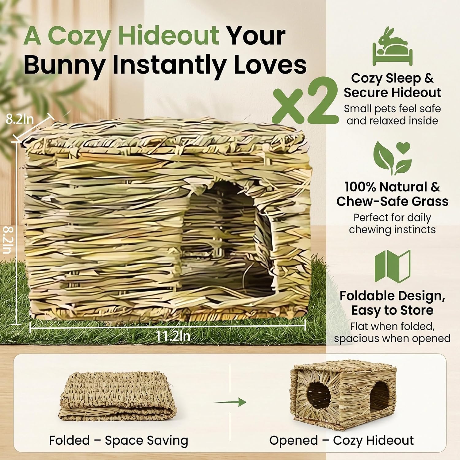 WUWEOT 2 Pack Large Grass Bunny House, Foldable Rabbit Hut, Play Hideaway Bed Hay Mat Chew Toy for Rabbit, Guinea Pigs, Gerbils, Hamster and Small Animals, 11"x8"x8" - Image 2