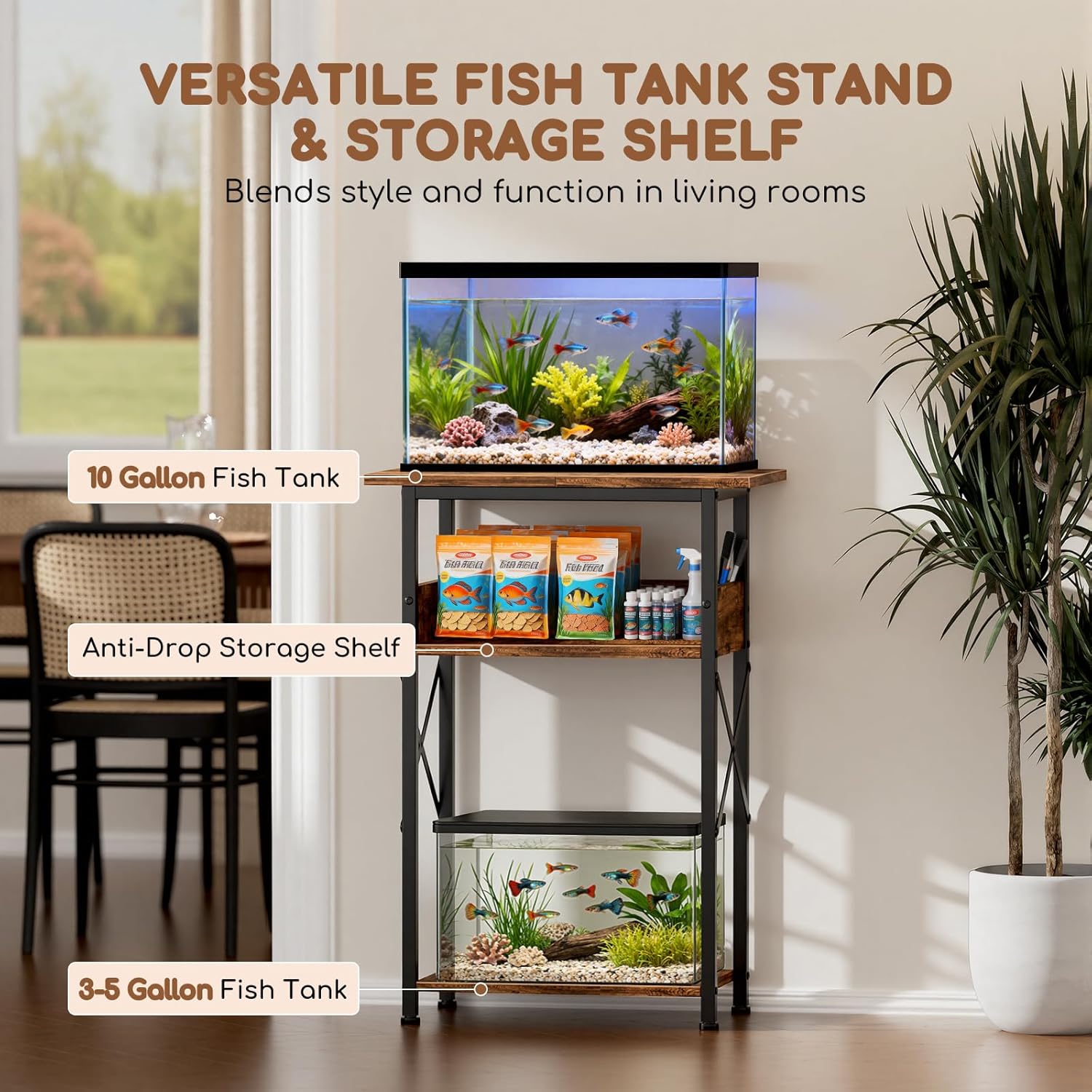 10 Gallon Fish Tank Stand with Storage Shelves, 3-Tier Aquarium Stand with Rust-Proof Metal Frame, Heavy Duty Waterproof Reptile Turtle Tank Stand for Home Office Up to 150LBS, 21.5" L x 11.5" W x 30" H, Rustic Brown - Image 3
