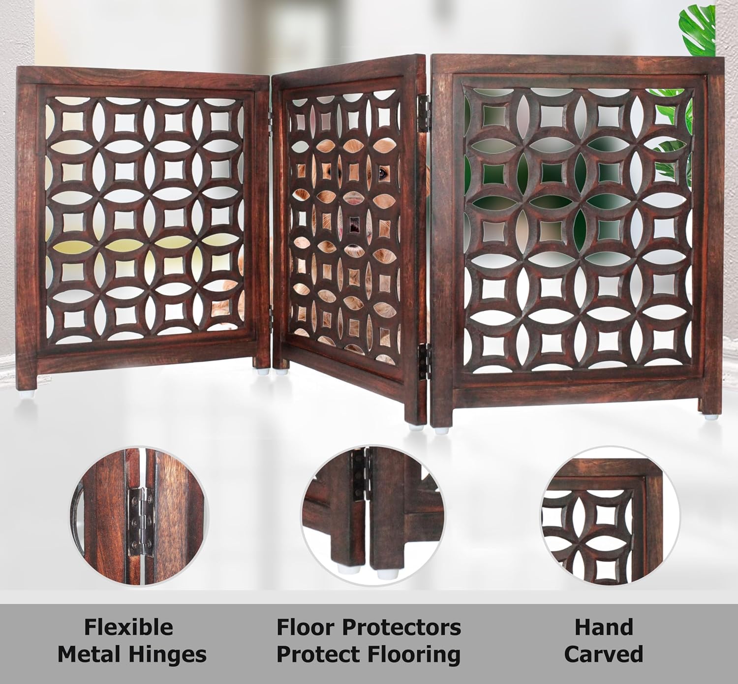 Croft&Cane Wooden Foldable Pet Dog Safety Gate – 3 Panel Freestanding Indoor Pet Fence (20 inches W x 24 inches H) – Hand-Carved Solid Wood & MDF – Fully Assembled 60x24 - Antique Brown - Image 5