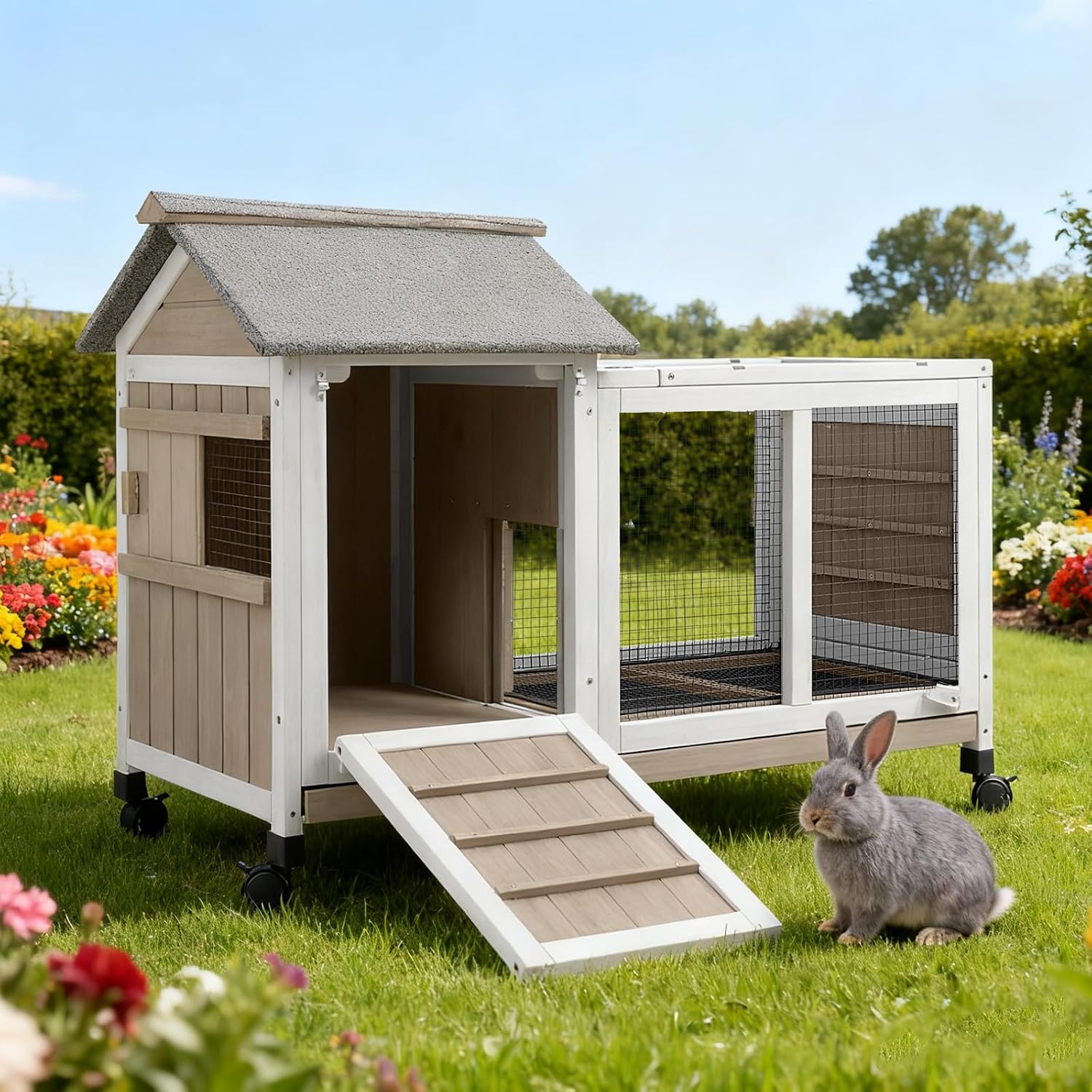 38''L Rabbit Hutch Outdoor with Wheels, Wooden Expandable 2 Story Bunny House Rabbit Cage Indoor with Run, Pull Out Tray, Waterproof Roof, Guinea Pig Cage Chicken Coop for Small to Medium Pets