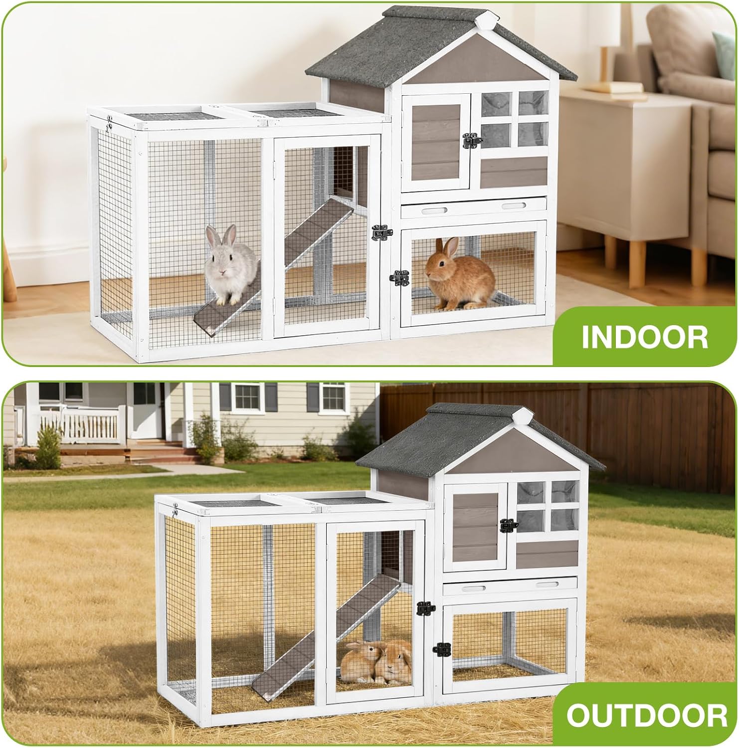 Rabbit Hutch Indoor or Outdoor, Wooden Bunny Cage with Chew-Proof Ramp, Mobile Rabbit House with Wheels, Guinea Pig Cages with Leakproof Tray and Waterproof Roof (Brown) - Image 7