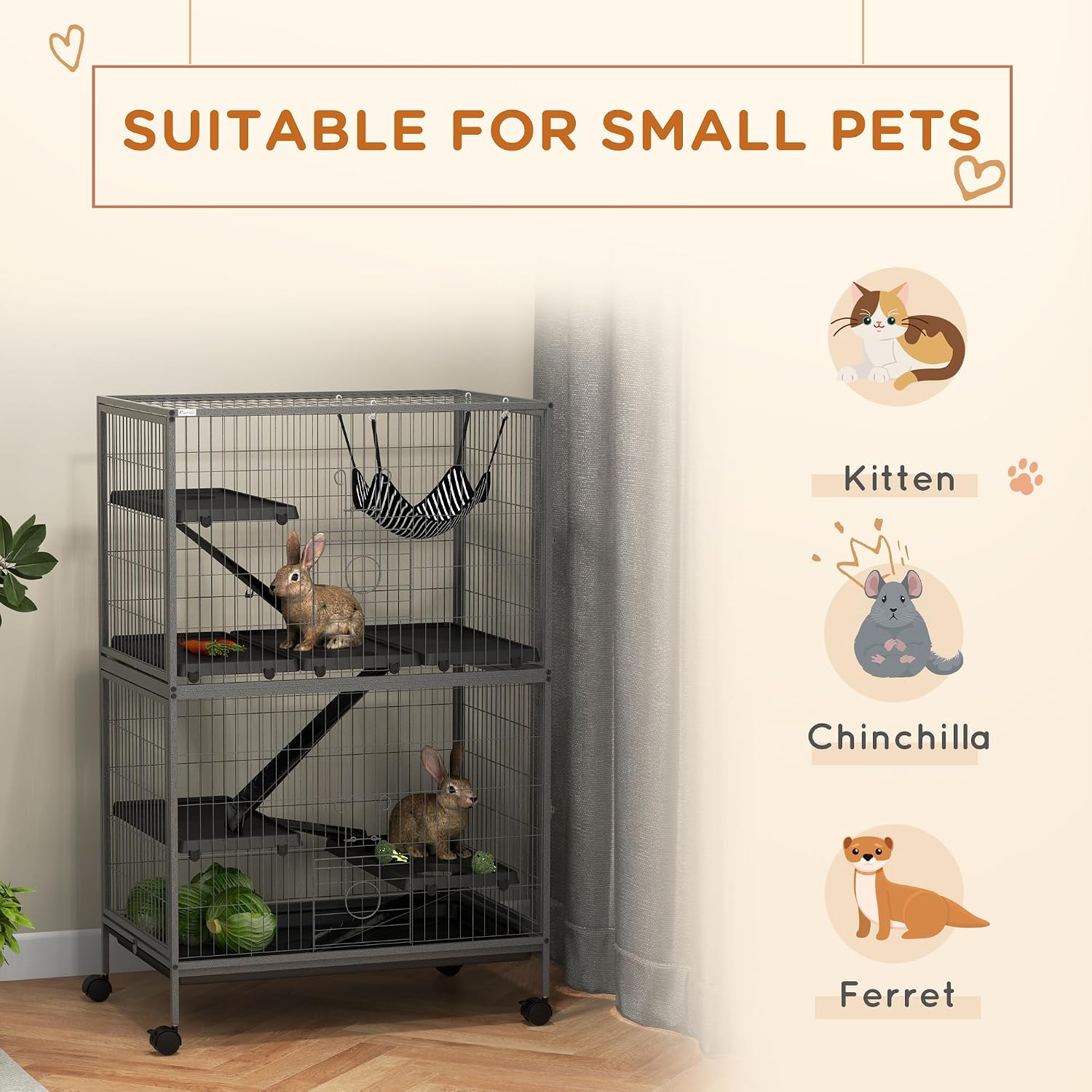 PawHut 50" 5-Tier Small Animal Cage, Ferret Cage, Large Chinchilla Cage with Hammock Accessory & Heavy-Duty Steel Wire, Small Animal Habitat with 4 Doors, Removable Tray, Gray - Image 3