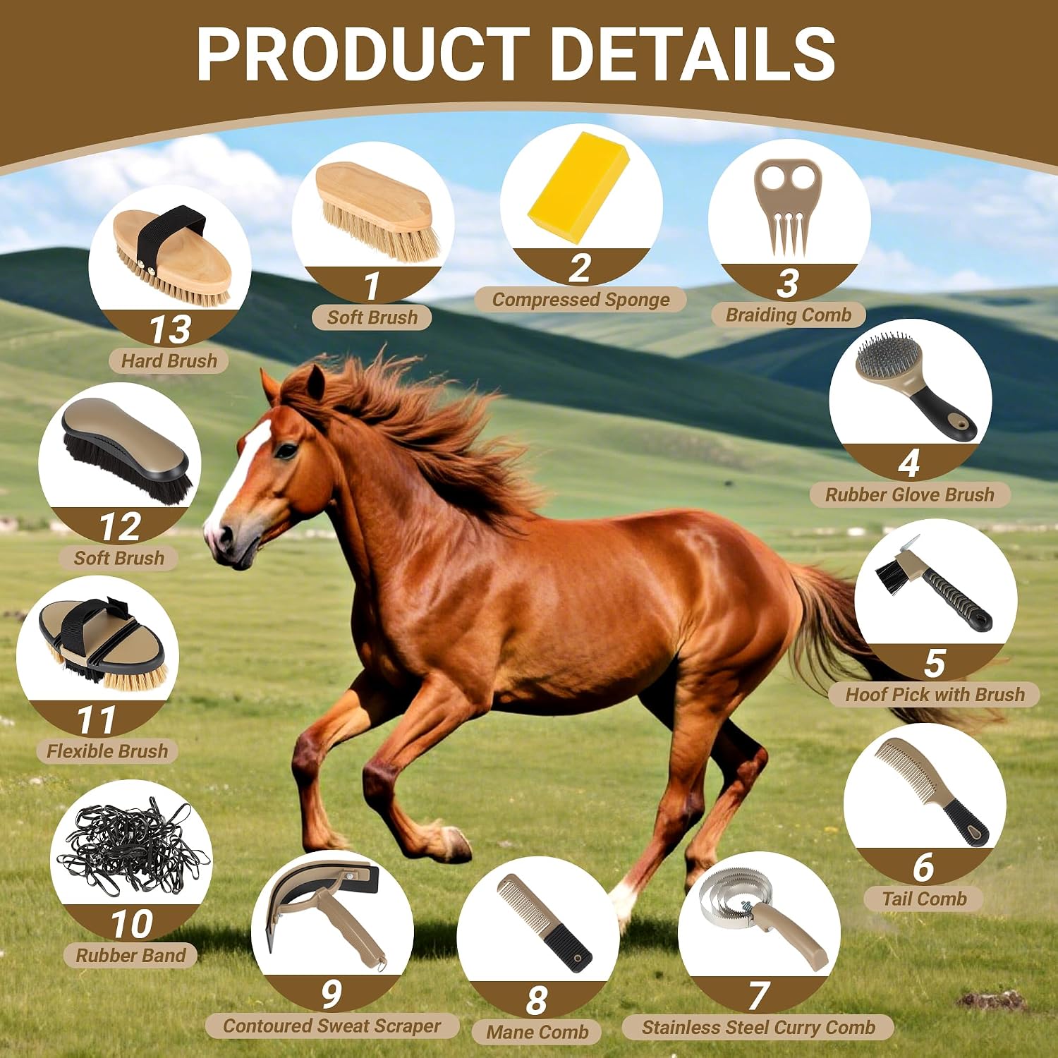 Horse Grooming Kit, 14-in-1 Professional Horse Brush Supplies Set for Grooming & Care, with Horse Brushes, Curry Comb, Hoof Pick & Waterproof Storage Tote Bag for Shining, Detangling, Massaging(Khaki) - Image 2