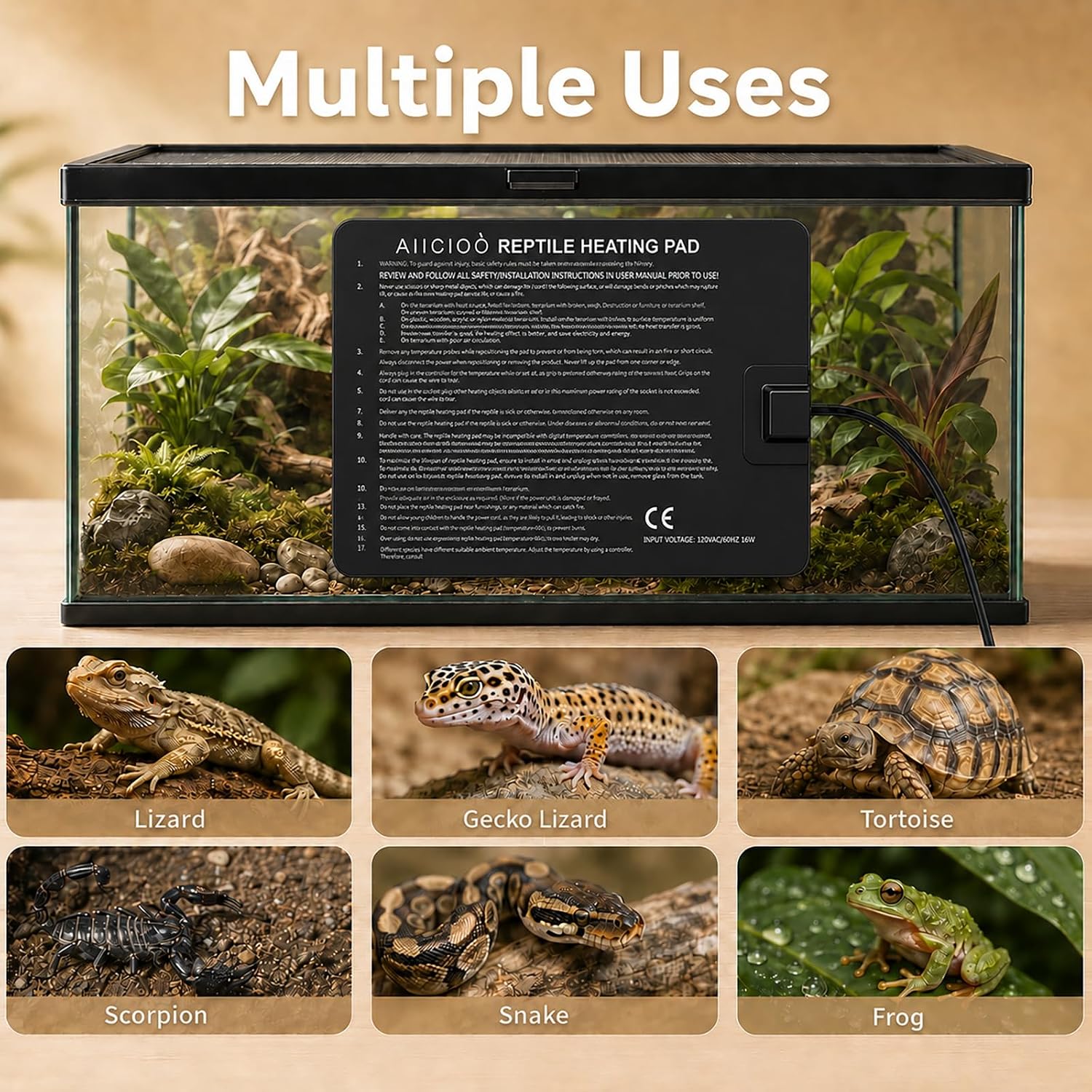 Aiicioo Reptile Heating Pad - Hermit Crab Heater Heat Mat for Reptiles Snake Lizard Terrarium 16 Watt - Image 6