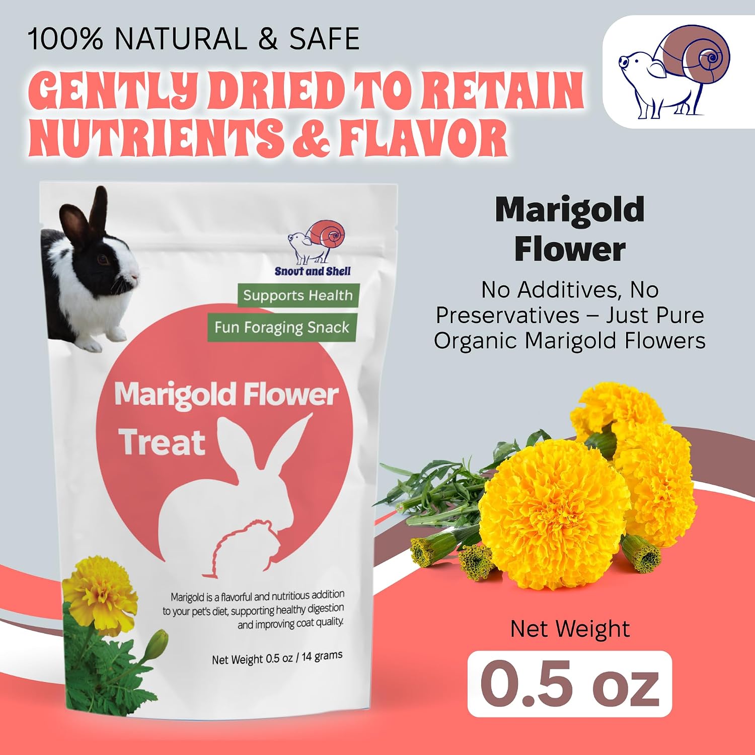 Snout and Shell Marigold Flower Treat for Small Pets – Organic, Healthy Digestive Support – Fun Foraging Snack for Rabbits, Guinea Pigs, Chinchillas, and More – 0.5 oz / 14g - Image 3