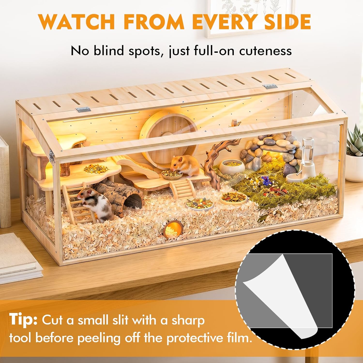 XiaZ Hamster Cage,48Inch Large Hamster Tank with Panoramic View and Ventilated Top, Spacious Acrylic Glass Habitat for Syrian Dwarf Hamsters and Degus, Natural Wood Frame Enclosure - Image 2