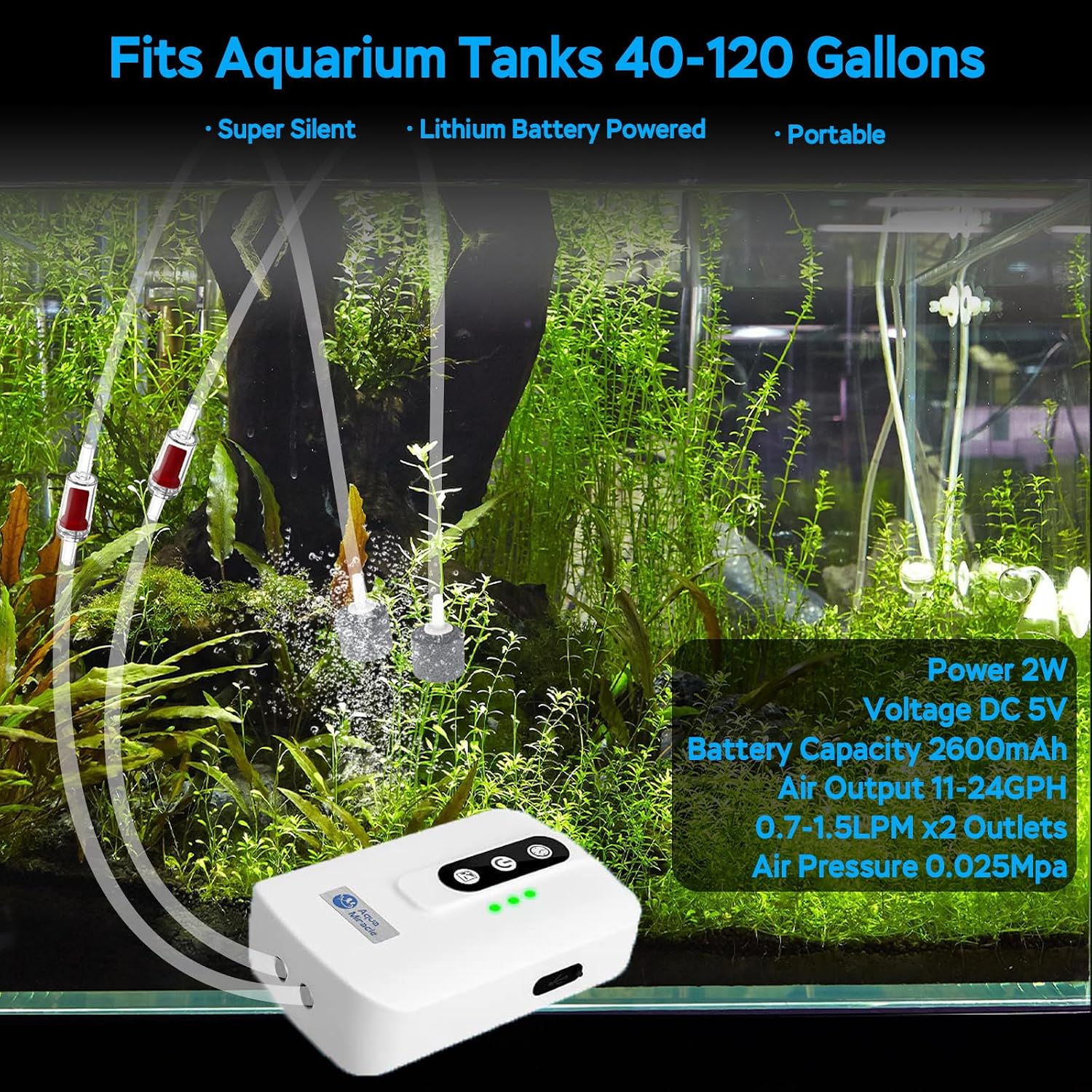 AquaMiracle Lithium Battery Powered Portable Aquarium Air Pump for Fish Tank, USB Rechargeable Aquarium Bubbler Aerator for Outdoor Fishing, Power Outages and Emergency - Image 2