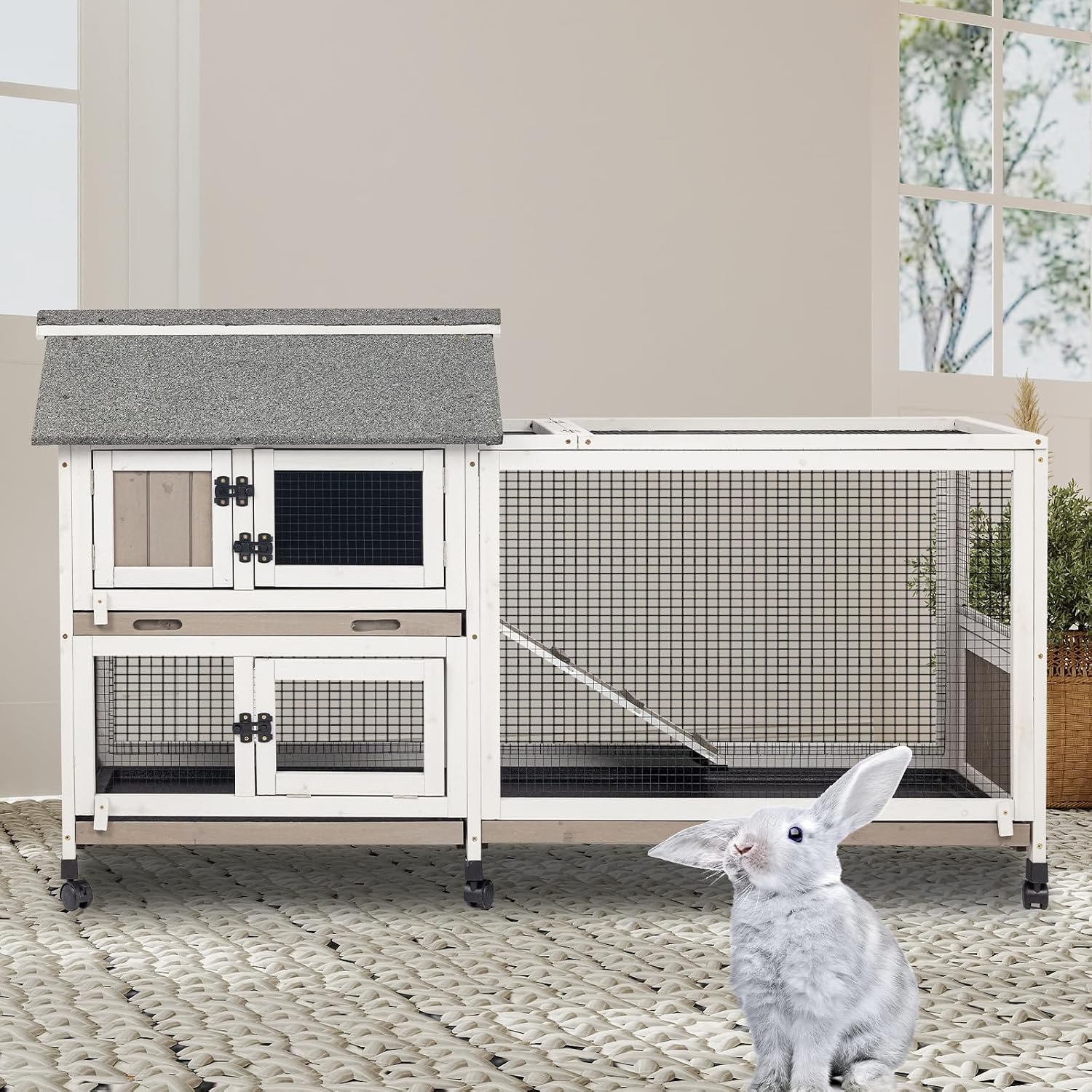 2-Story Rabbit Hutch Indoor & Outdoor, Large Bunny Hutch with 3 Pull-Out Trays, 6 Lockable Wheels, Wooden Rabbit Cage with Asphalt Roof & 6 Accesses for 2-4 Rabbits, Backyard, Home, Patio - Image 9