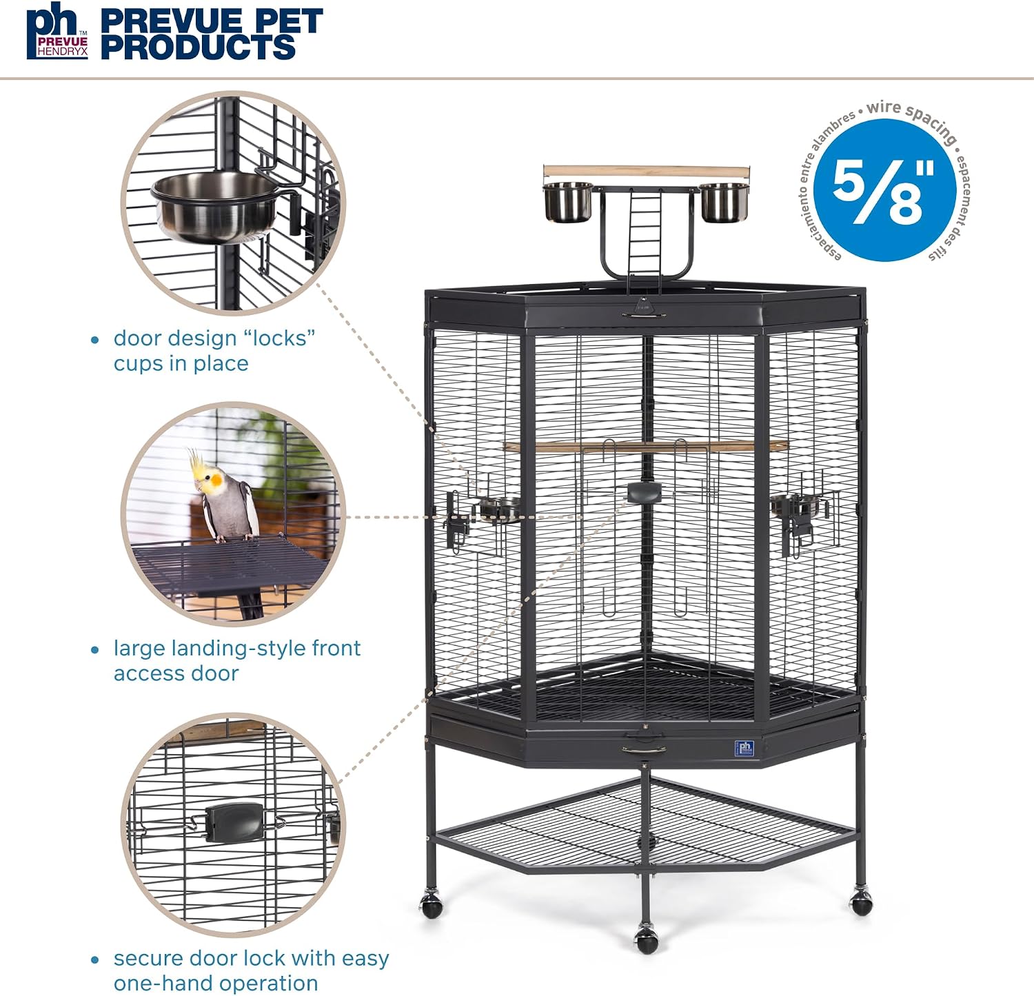 Prevue Pet Products Corner Bird Cage with Playtop - Large Cage with Rolling Stand, Comes with Wooden Perches & Double Food & Water Cups, Secure Side Door Locks, Elevated for Enrichment - Black - Image 5