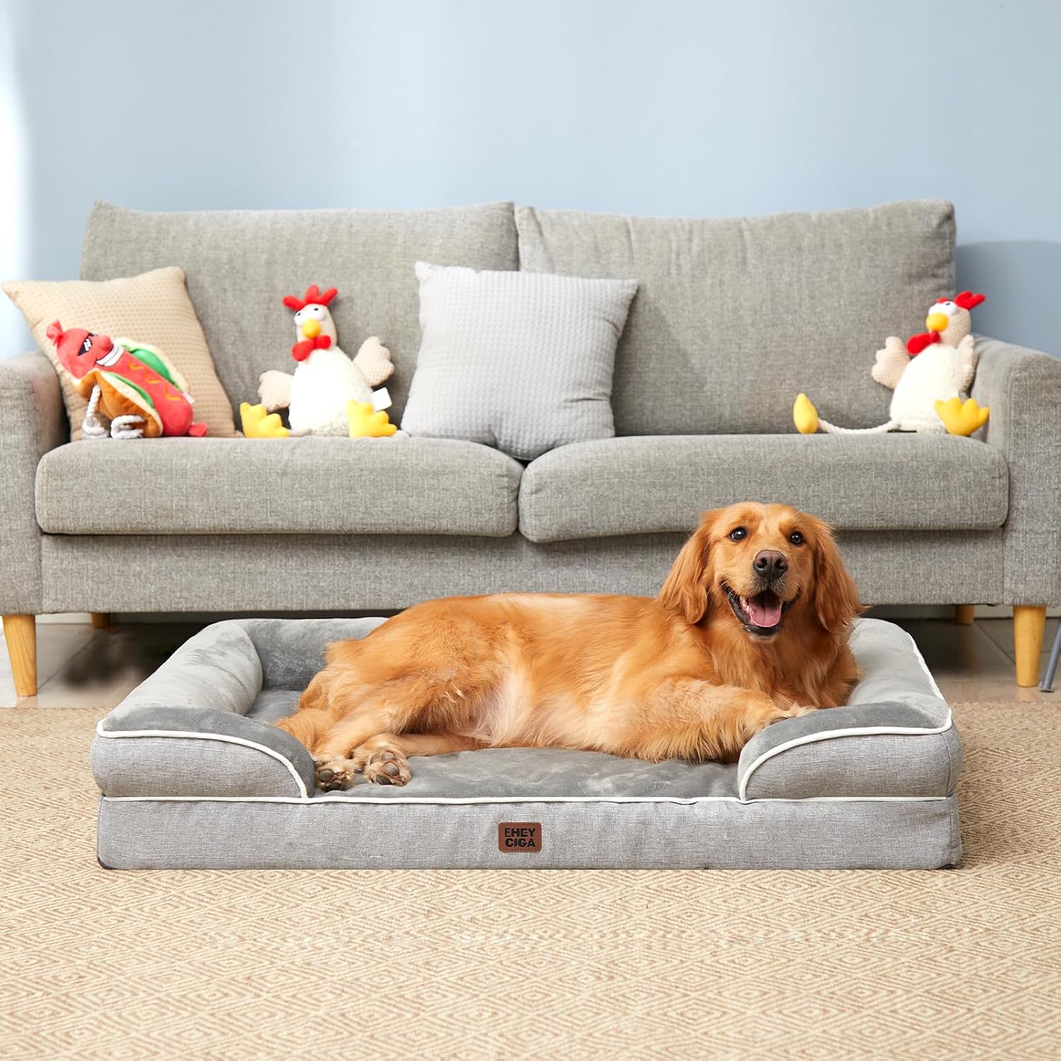 EHEYCIGA Orthopedic Dog Beds for Extra Large Dogs 44x32Inch, Polyurethane Foam XL Pet Bed with Sides, Non-Slip and Egg-Crate Foam Big Dog Couch Bed with Washable Removable Cover, Grey - Image 8