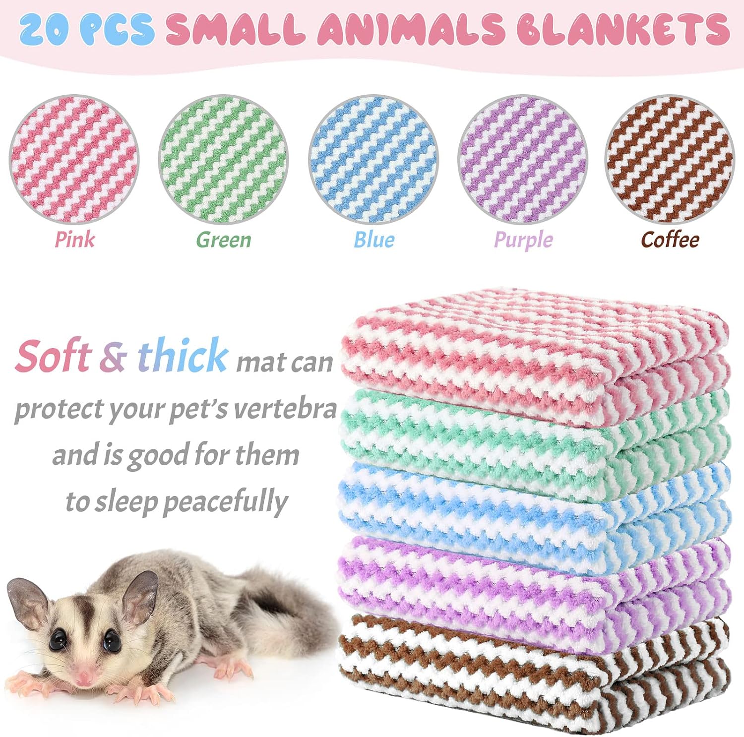 Moukeren 20Pcs Guinea Pig Fleece Bedding Blankets Bulk Washable Small Animal Fleece Cage Liners Pet Wash Cloth Sleeping Mat Cover for Hamster Chinchilla Rabbit Hedgehog(Multicolor, 12 x 12 Inch) - Image 3