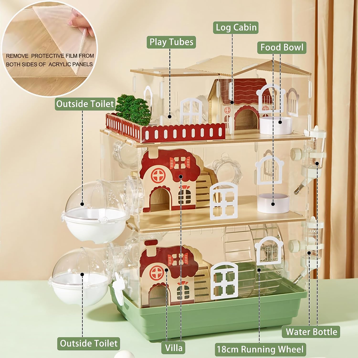 17 in 1 Clear Acrylic Hamster Cage with All Accessories,13.5''L* 10''W* 21''H Dwarf Hamster Cage,Magnetic Connection Small Hamster Enclosure,Garden Style Wooden Pet Mouse Cage for Pet Mice(3-Layer) - Image 2